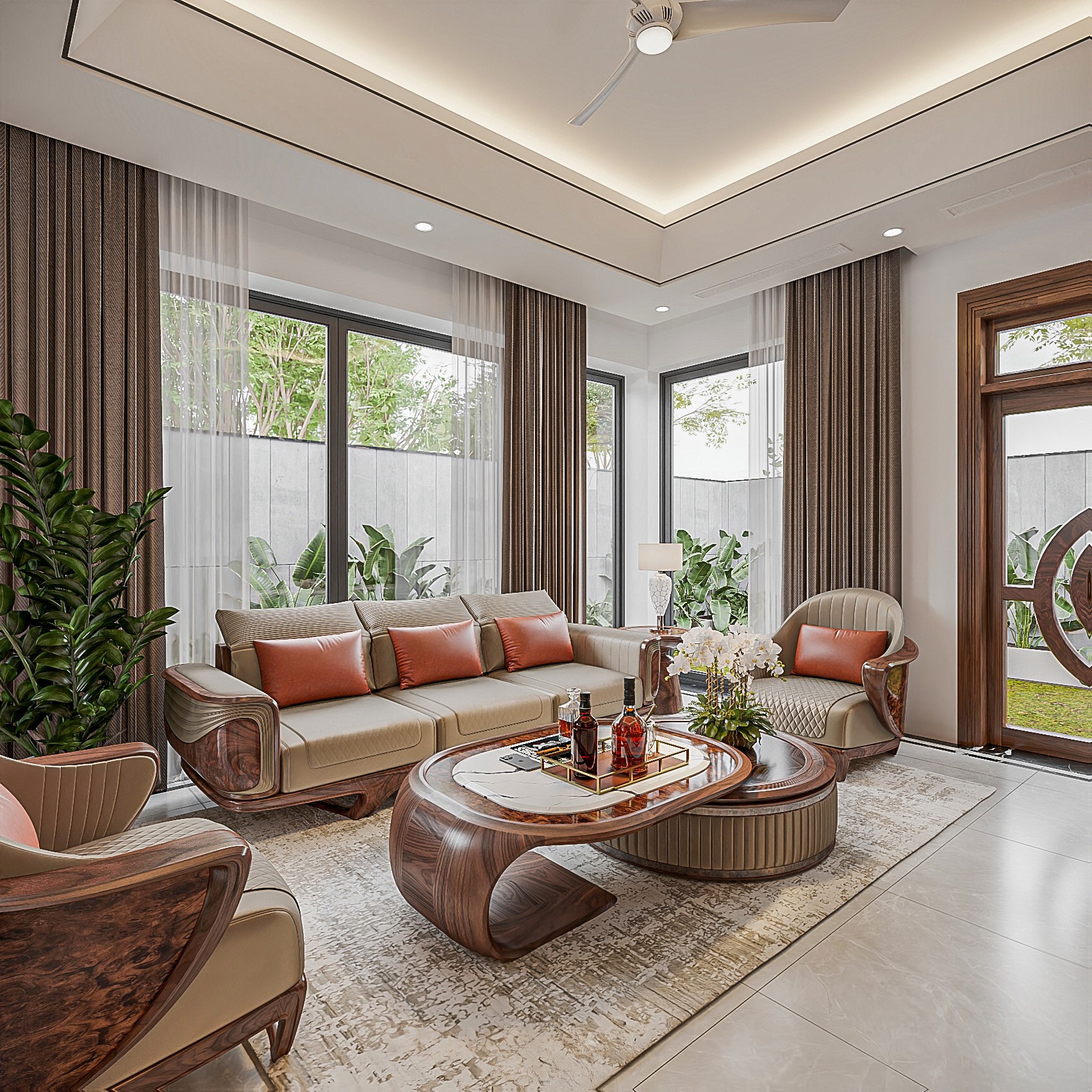 Bàn trà phòng khách gỗ óc chó đẹp với mặt bàn rộng rãi, vân gỗ sắc nét và kiểu dáng hiện đại.