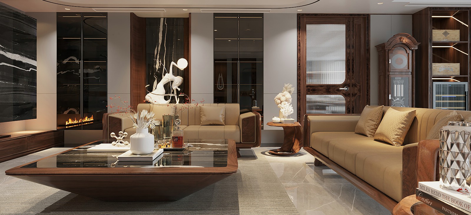 Bàn trà sofa gỗ óc chó hiện đại với kiểu dáng tối giản, bề mặt gỗ mịn và màu nâu trầm sang trọng.