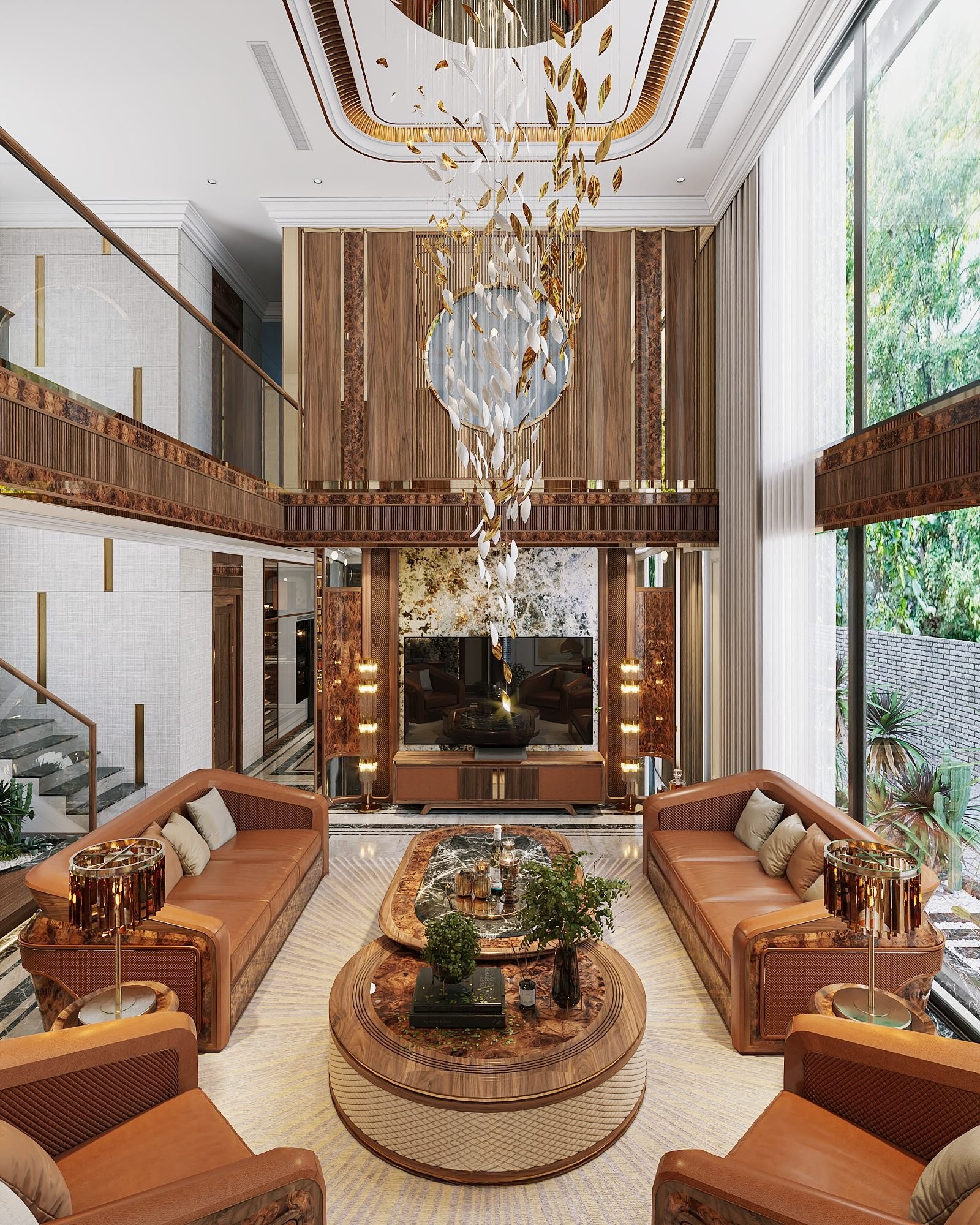 Bàn trà sofa gỗ óc chó mặt đá tròn thiết kế bàn đôi