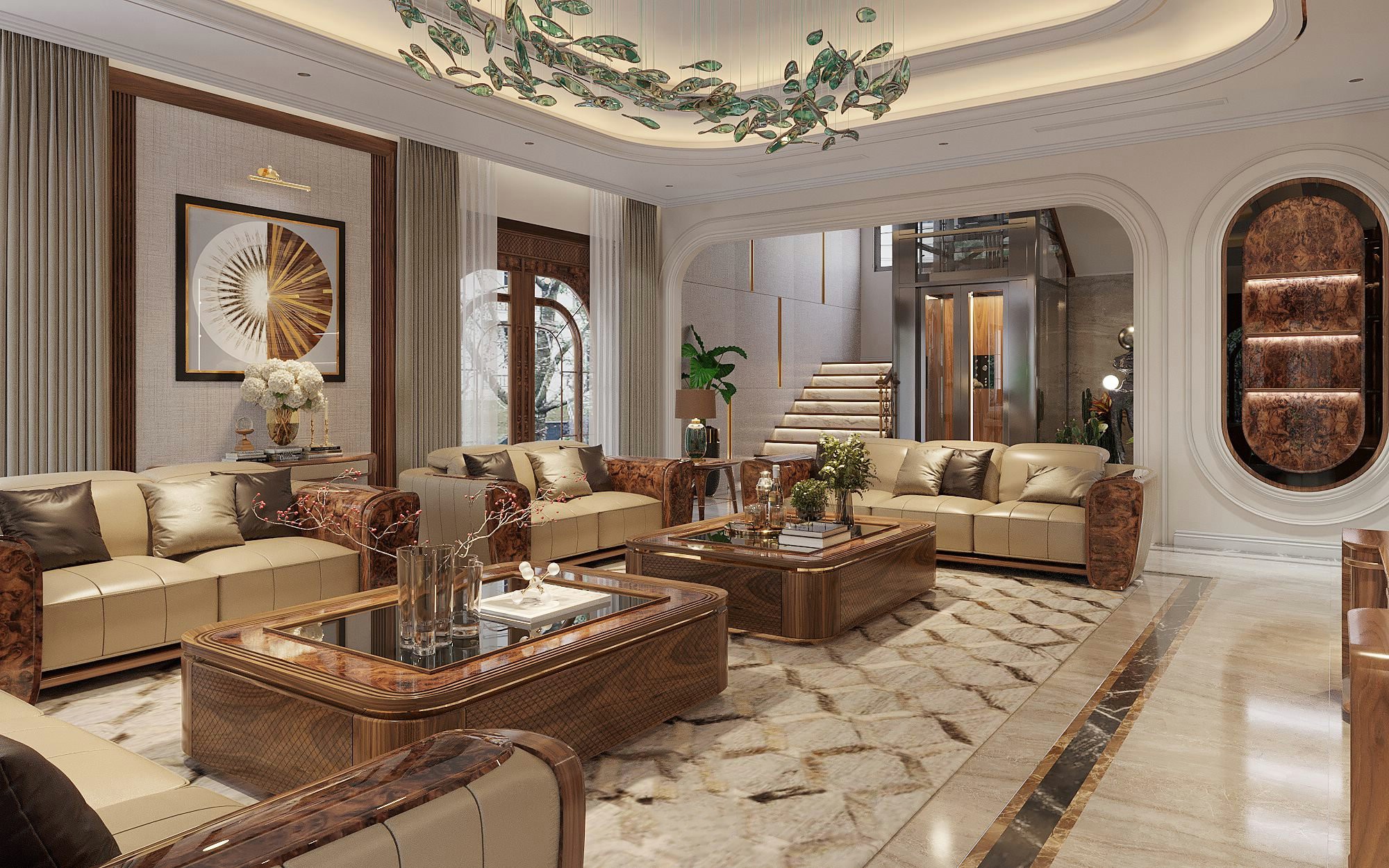 Bàn trà sofa phòng khách gỗ óc chó thiết kế vuông vức, đồng bộ với bộ ghế sofa và màu sắc tự nhiên ấm áp.