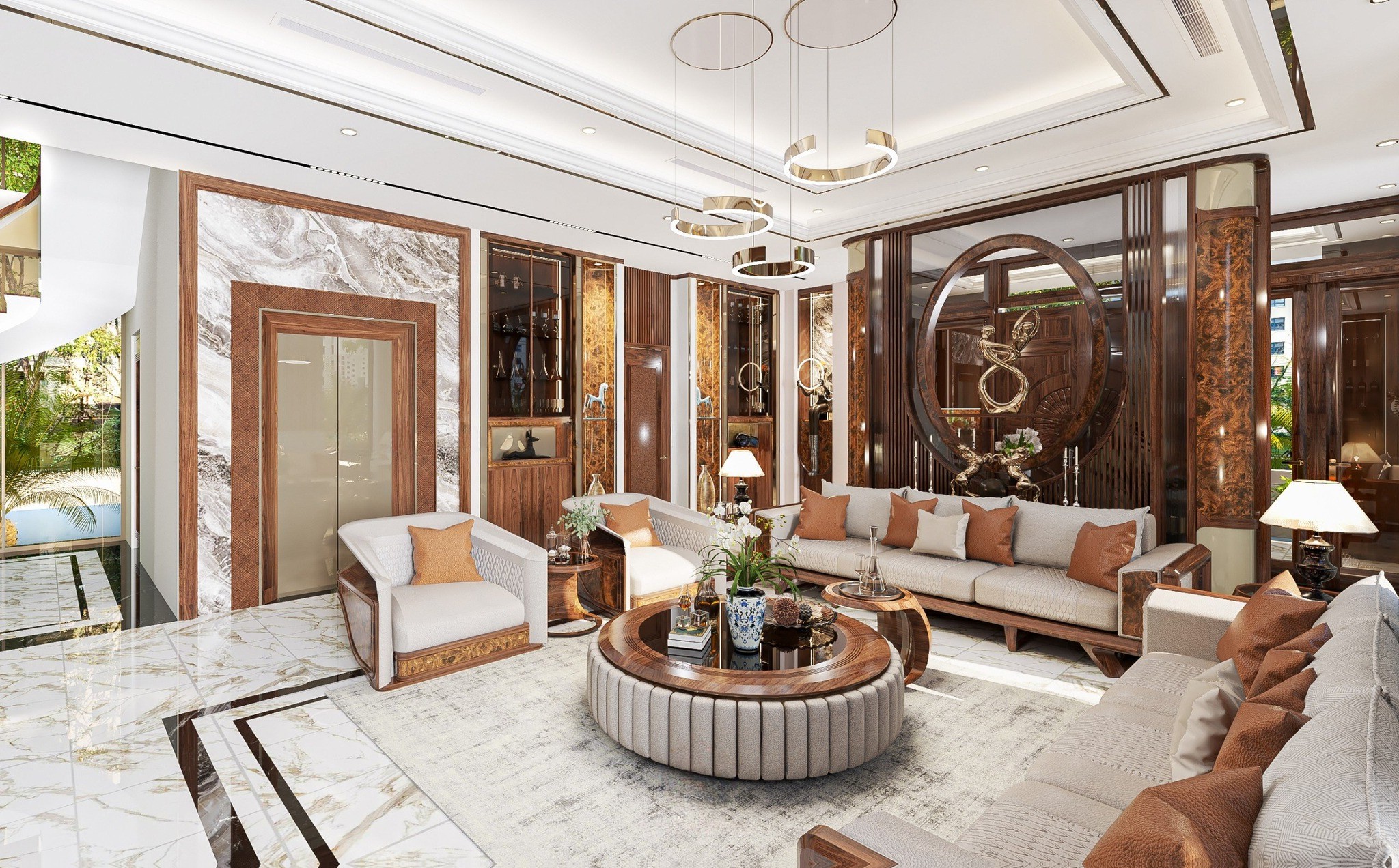 Bàn trà tròn gỗ óc chó hiện đại phòng khách