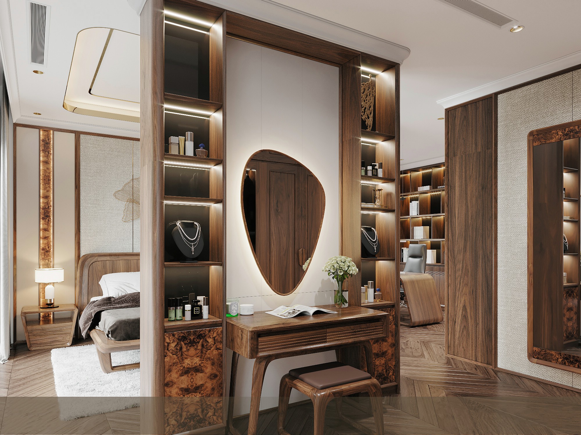 Bàn trang điểm gỗ óc chó trong phòng ngủ có thiết kế đồng bộ nội thất.