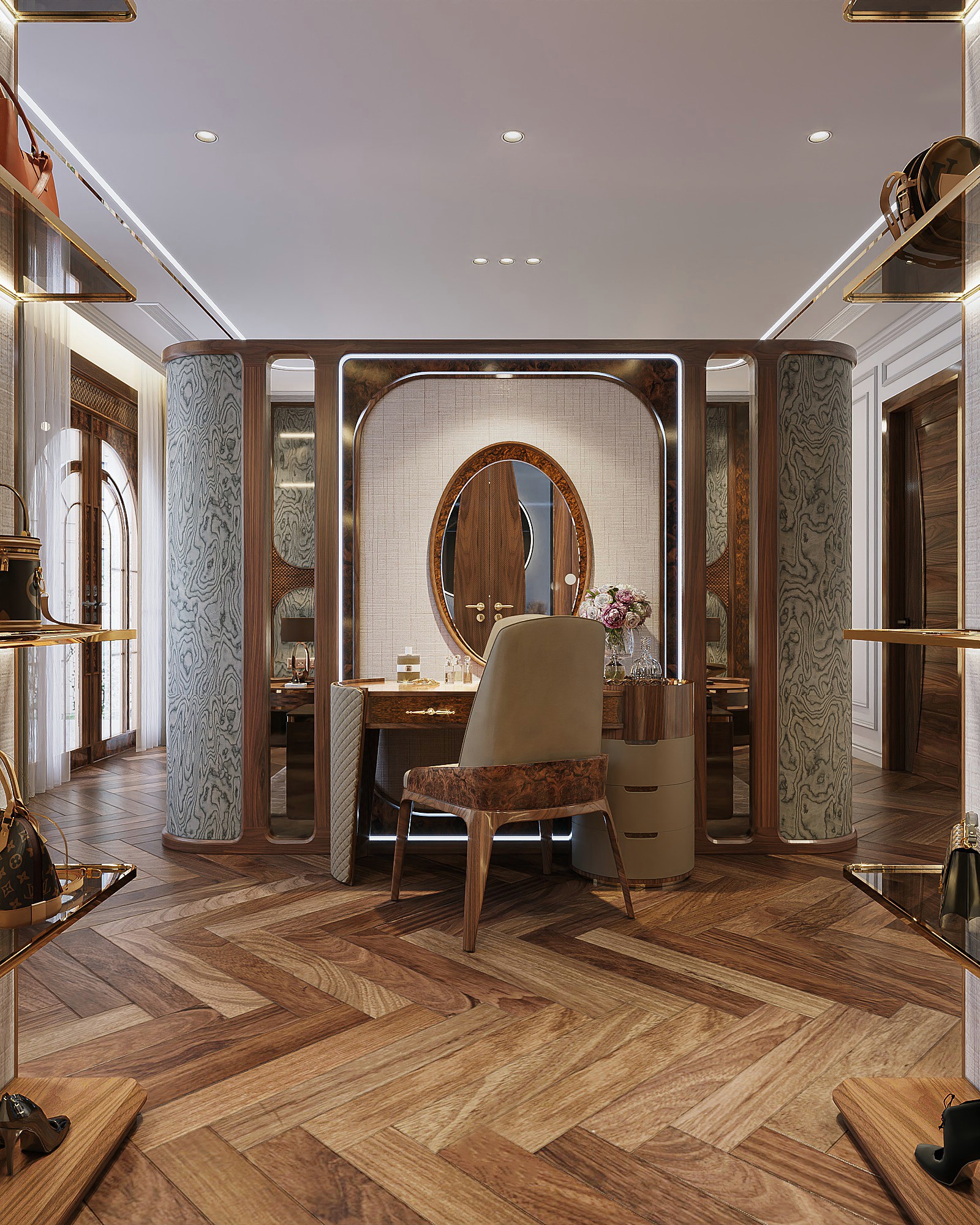 Bàn trang điểm gỗ óc chó tự nhiên hiện đại thiết kế tối giản, tích hợp gương lớn và hệ lưu trữ khoa học, phù hợp phong cách nội thất phòng ngủ cao cấp.