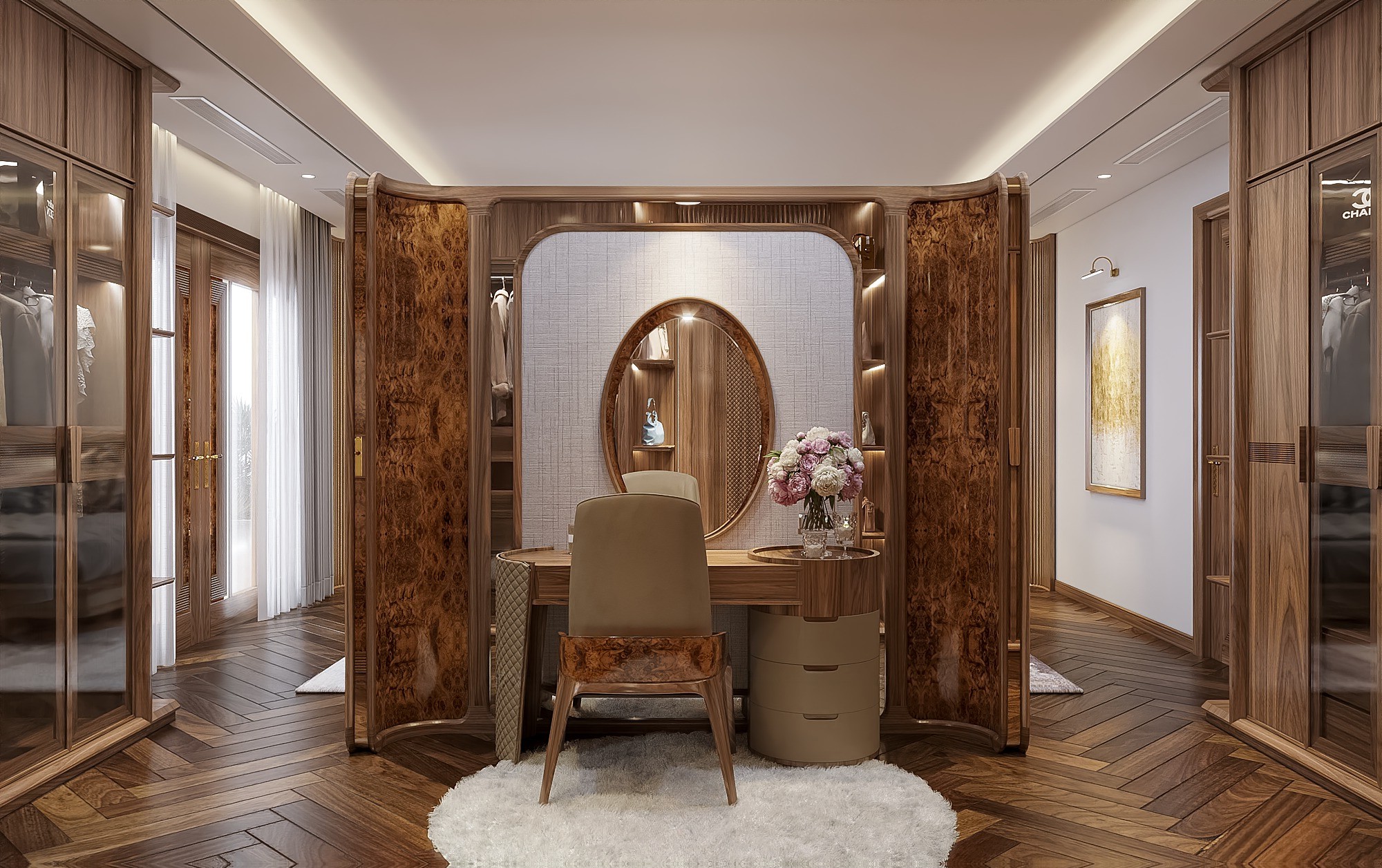 Bàn trang điểm gỗ óc chó tự nhiên cao cấp với vân gỗ sắc nét, tông màu nâu trầm sang trọng, thiết kế chắc chắn và hệ ngăn kéo tiện lợi phù hợp không gian phòng ngủ hiện đại.