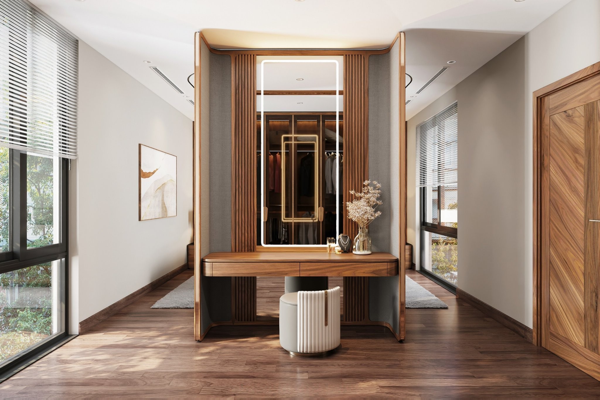 Bàn trang điểm kết hợp bàn làm việc gỗ óc chó tiện lợi.