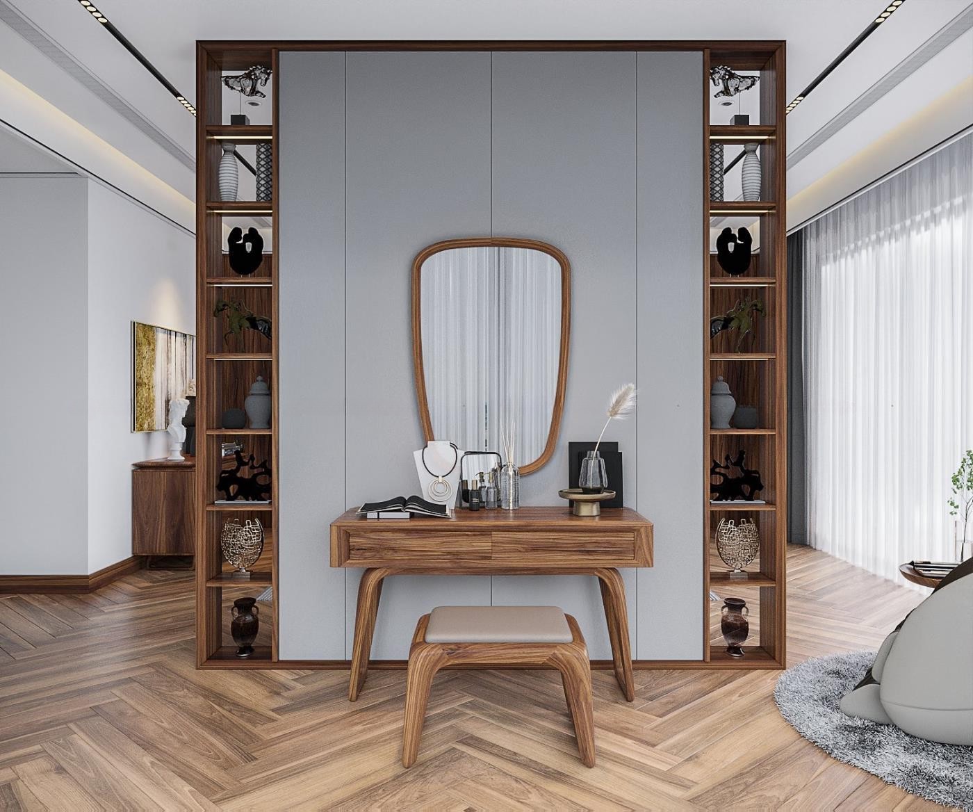 Bàn trang điểm mini gỗ óc chó nhỏ gọn với thiết kế thanh thoát, phù hợp phòng ngủ chung cư diện tích hạn chế.