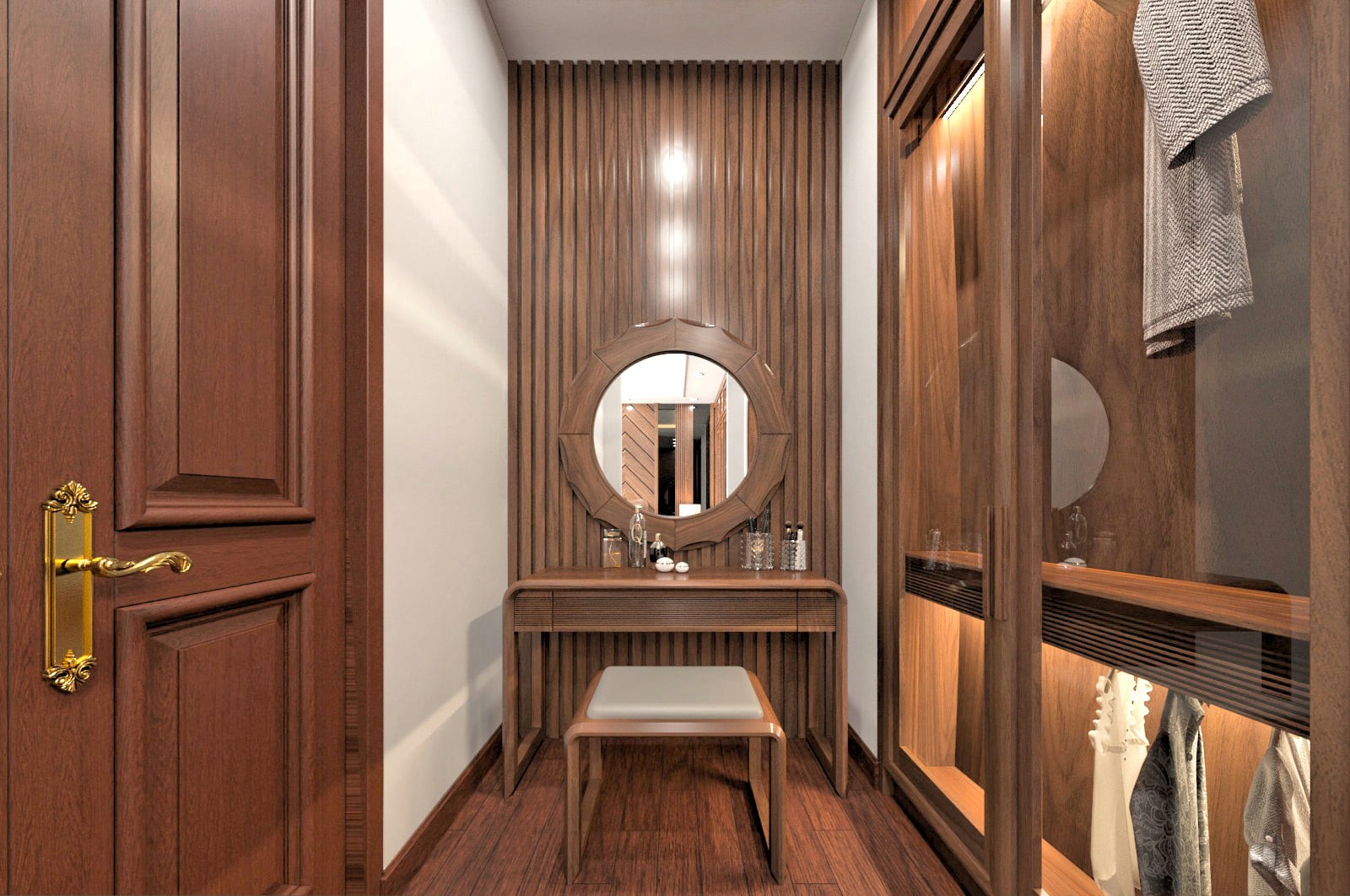 Bàn trang điểm nhỏ gọn gỗ óc chó thiết kế tối ưu không gian với gam màu nâu trầm ấm và bố cục hài hòa.