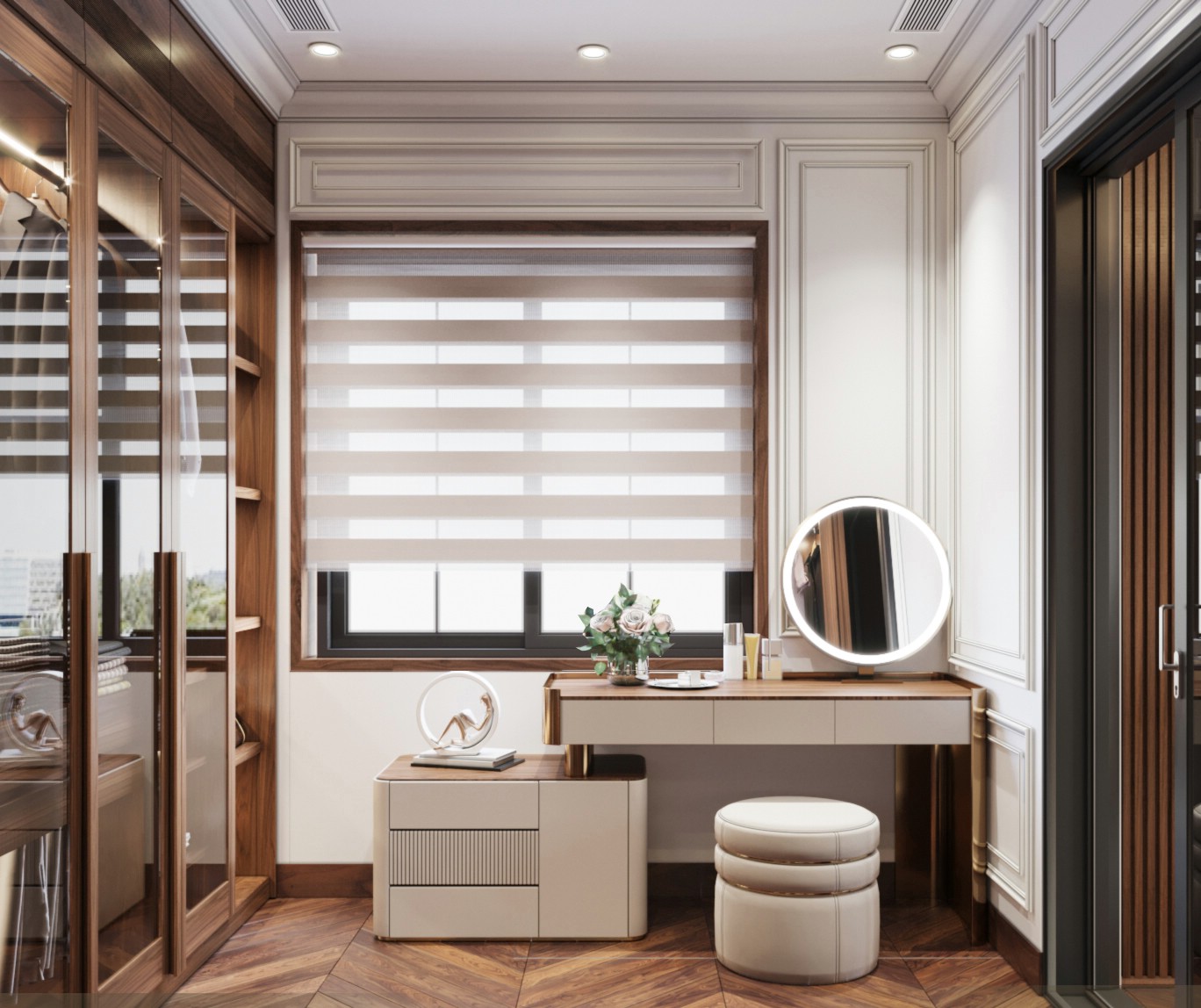 Bàn trang điểm thông minh gỗ óc chó tích hợp gương gập và ngăn kéo ẩn tiện lợi, thiết kế hiện đại phù hợp phòng ngủ cao cấp.