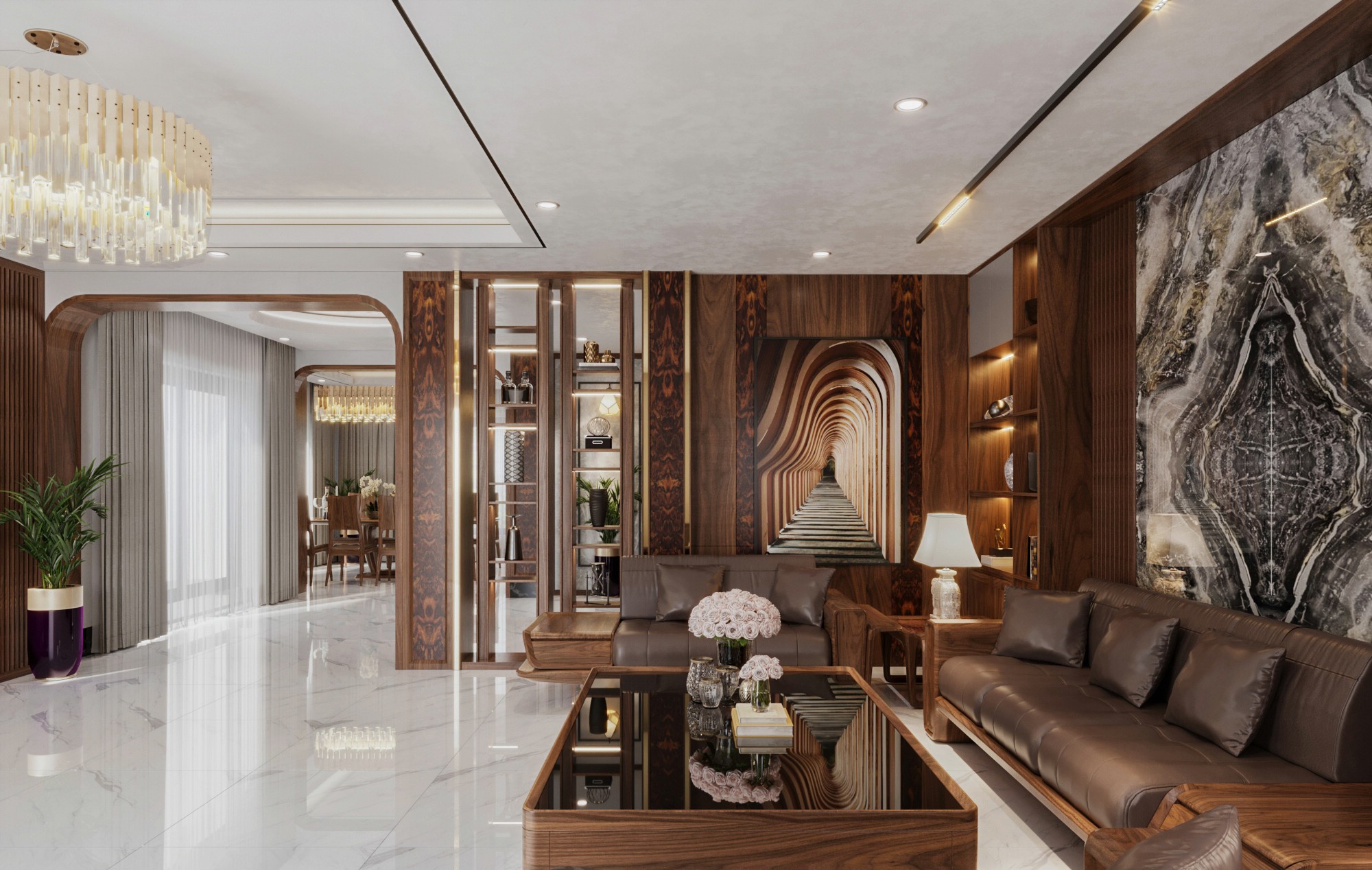 phòng khách nhà phố gỗ óc chó với sofa văng và vách ngăn kịch trần