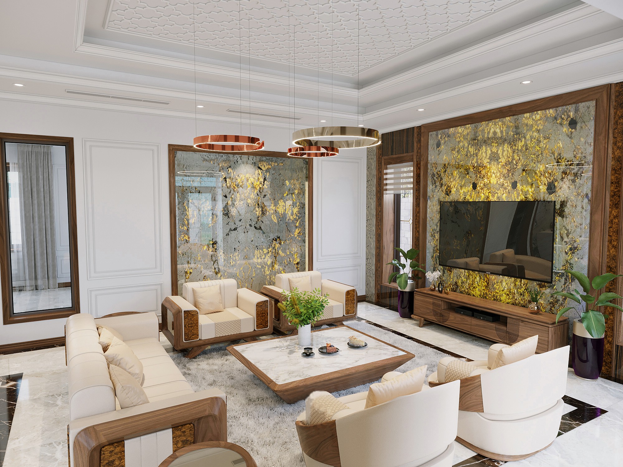 phòng khách gỗ óc chó cao cấp với sofa bàn trà và kệ tivi hiện đại