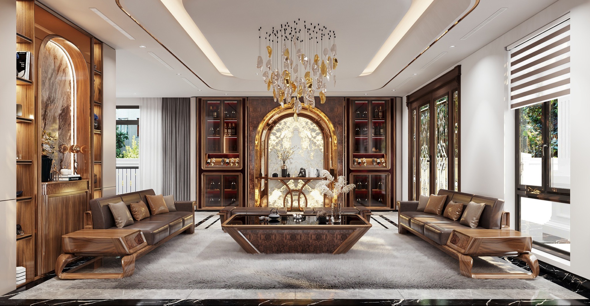 phòng khách biệt thự gỗ óc chó tự nhiên với sofa bàn trà và tủ rượu cao cấp