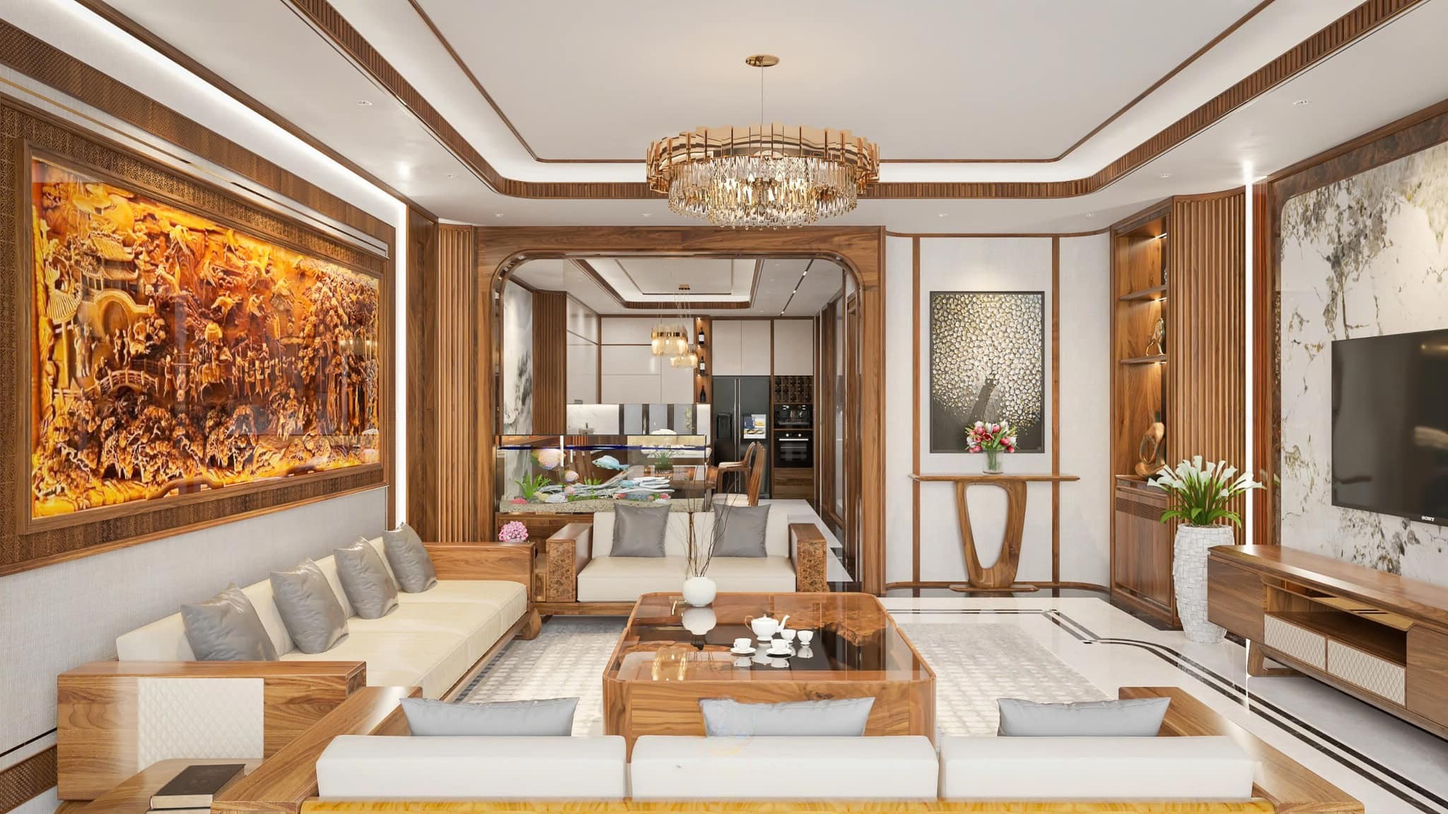 phòng khách nội thất óc chó với sofa gỗ và kệ tivi hiện đại