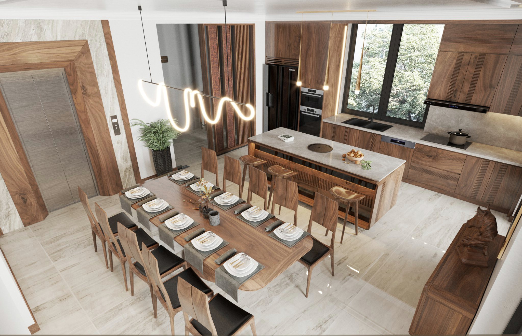 Bộ bàn ăn gỗ óc chó cho phòng bếp nhỏ thiết kế gọn gàng và tinh tế.