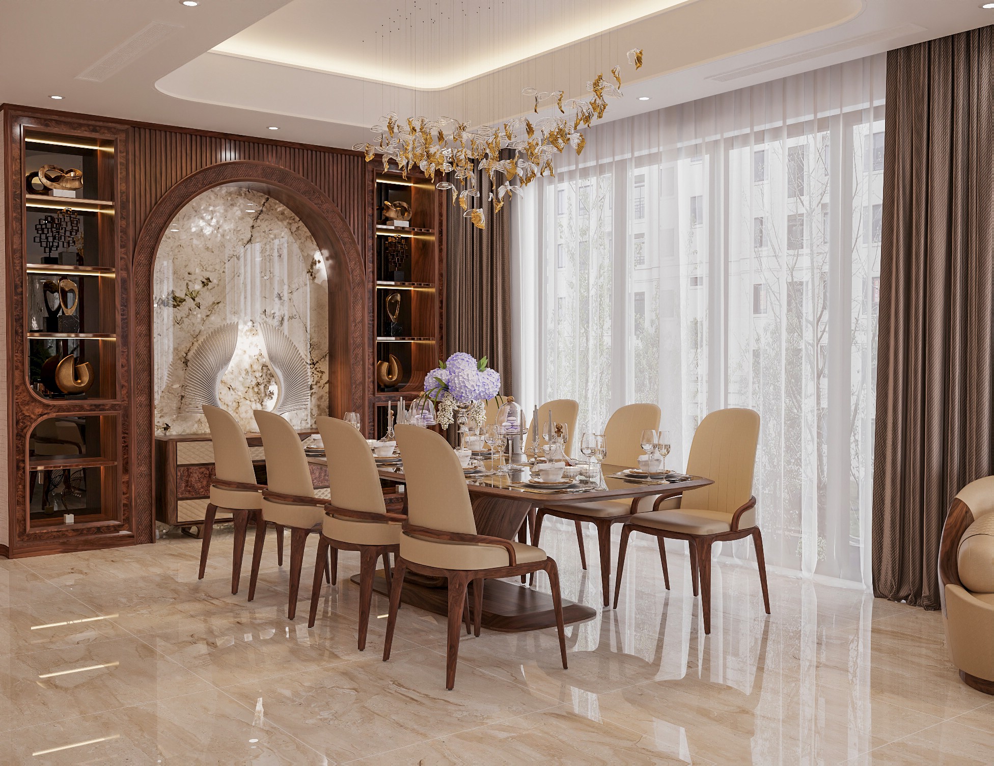 Bộ bàn ăn gỗ óc chó đẹp cho chung cư