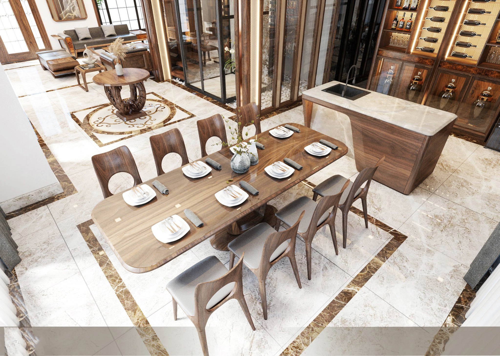 Bộ Bàn Ăn Gỗ Óc Chó Hiện Đại