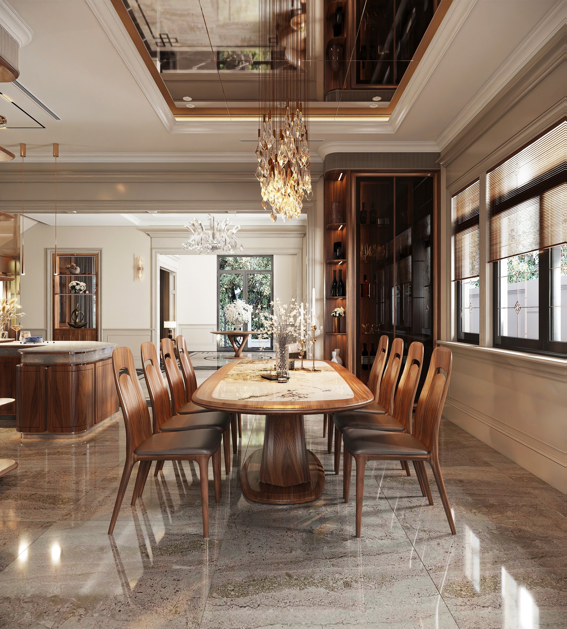 Bộ bàn ăn gỗ óc chó mặt đá tự nhiên