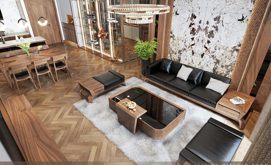 Bộ bàn ghế gỗ óc chó phòng khách nhỏ được thiết kế đồng bộ giữa ghế và bàn trà, đảm bảo sự cân đối tổng thể.