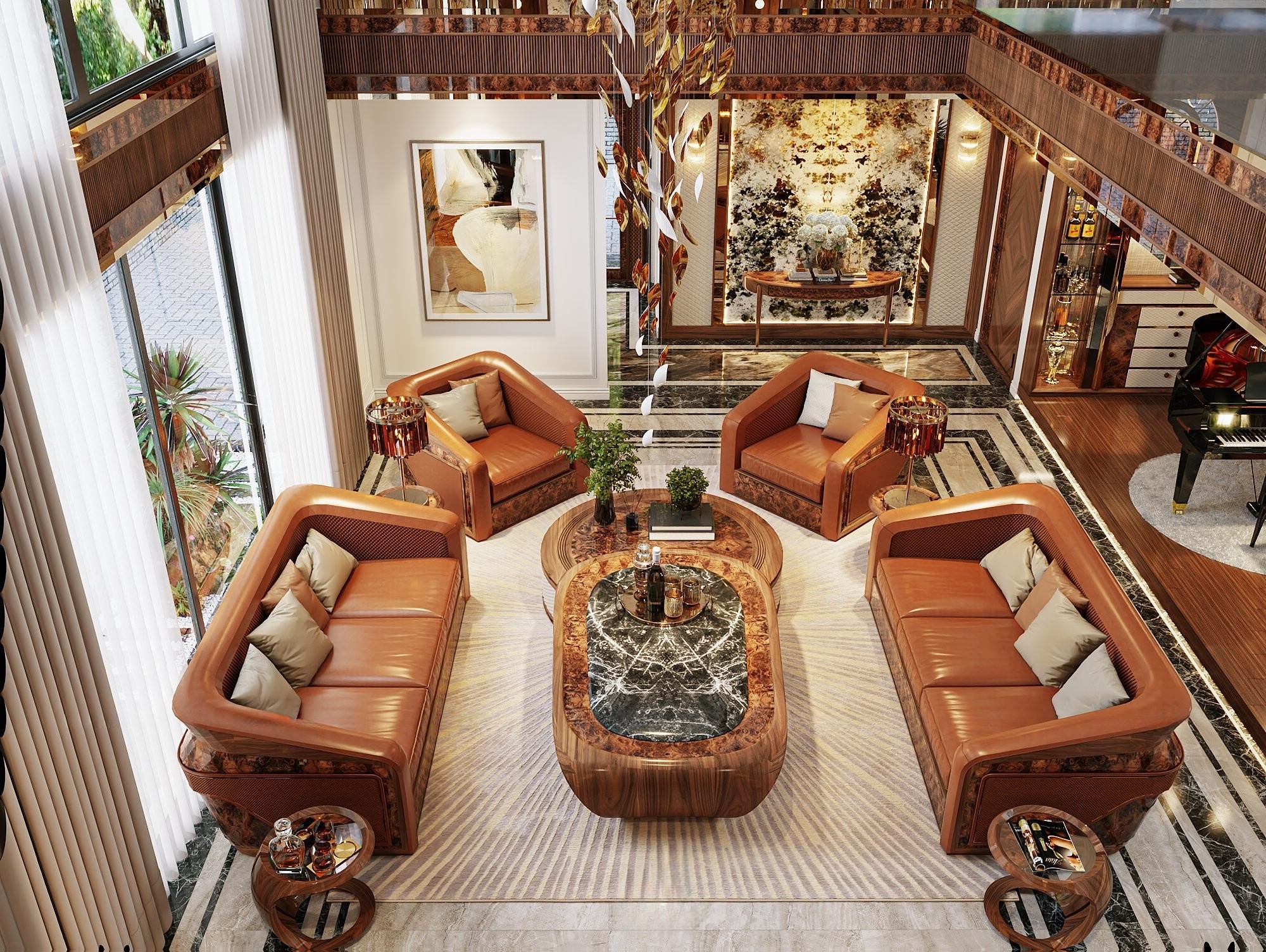 Bộ bàn ghế phòng khách gỗ óc chó đẹp được thiết kế đồng bộ giữa ghế dài, ghế đơn và bàn trà trung tâm.