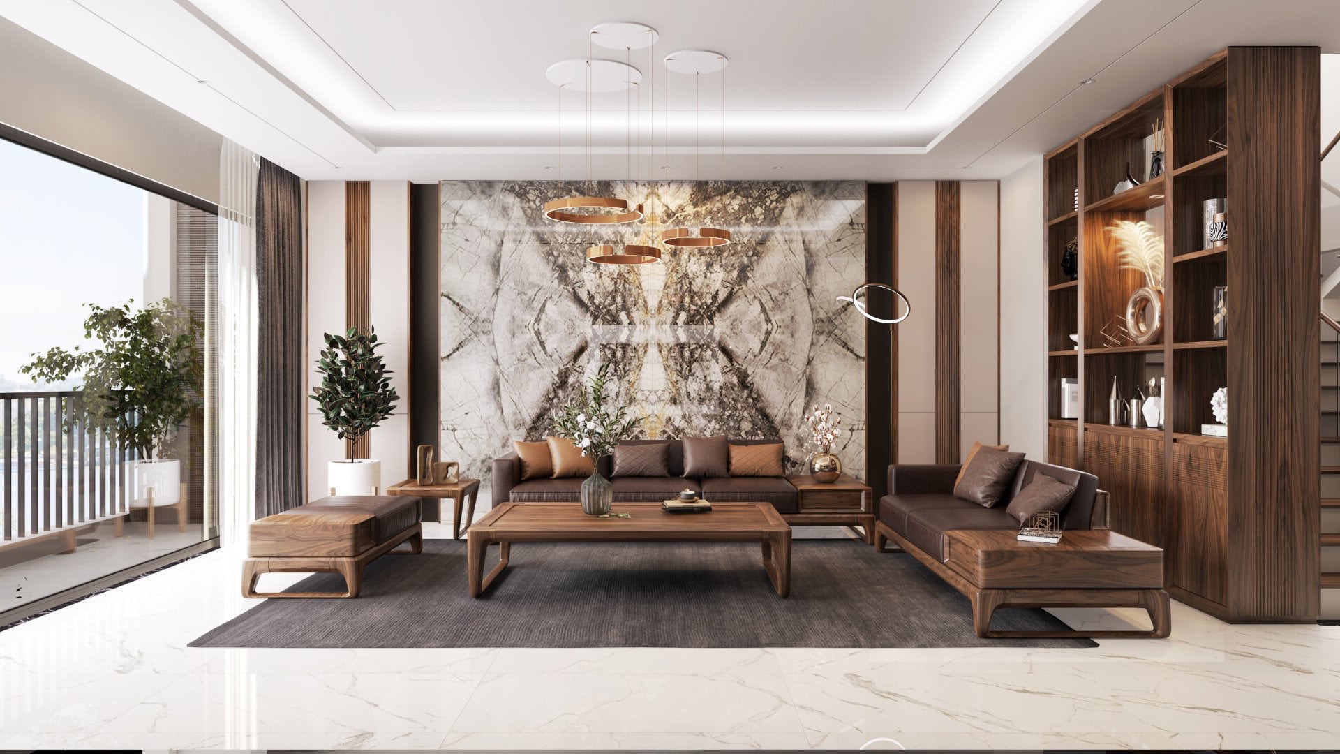 Bộ bàn ghế phòng khách gỗ óc chó nhỏ với kích thước vừa vặn, phù hợp không gian chung cư và nhà phố diện tích hạn chế.