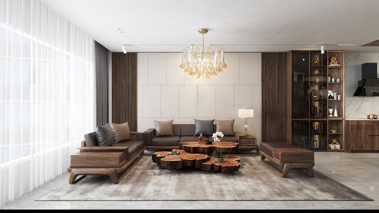 Bộ bàn ghế sofa gỗ óc chó chữ L hiện đại với kiểu dáng tối ưu góc phòng và đệm ngồi êm ái.