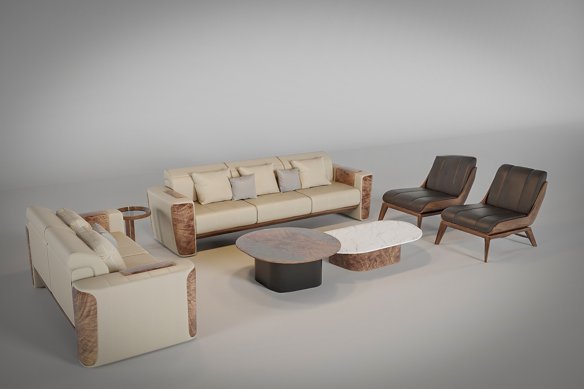 Bộ bàn ghế sofa gỗ óc chó hiện đại gồm ghế dài, ghế đơn và bàn trà đồng bộ cao cấp.