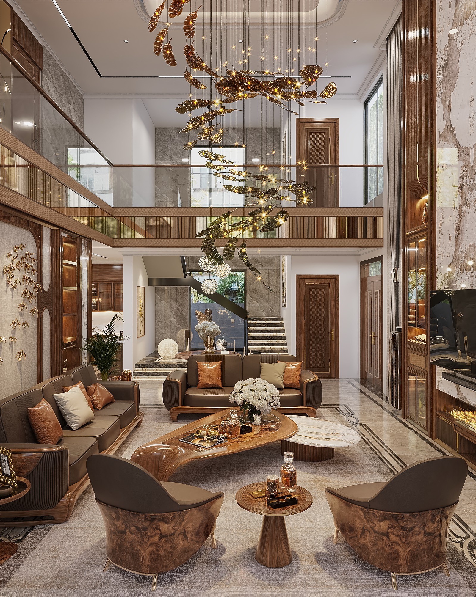 Bộ bàn ghế sofa gỗ óc chó phòng khách thiết kế đồng bộ, khung gỗ chắc chắn và đệm bọc cao cấp.