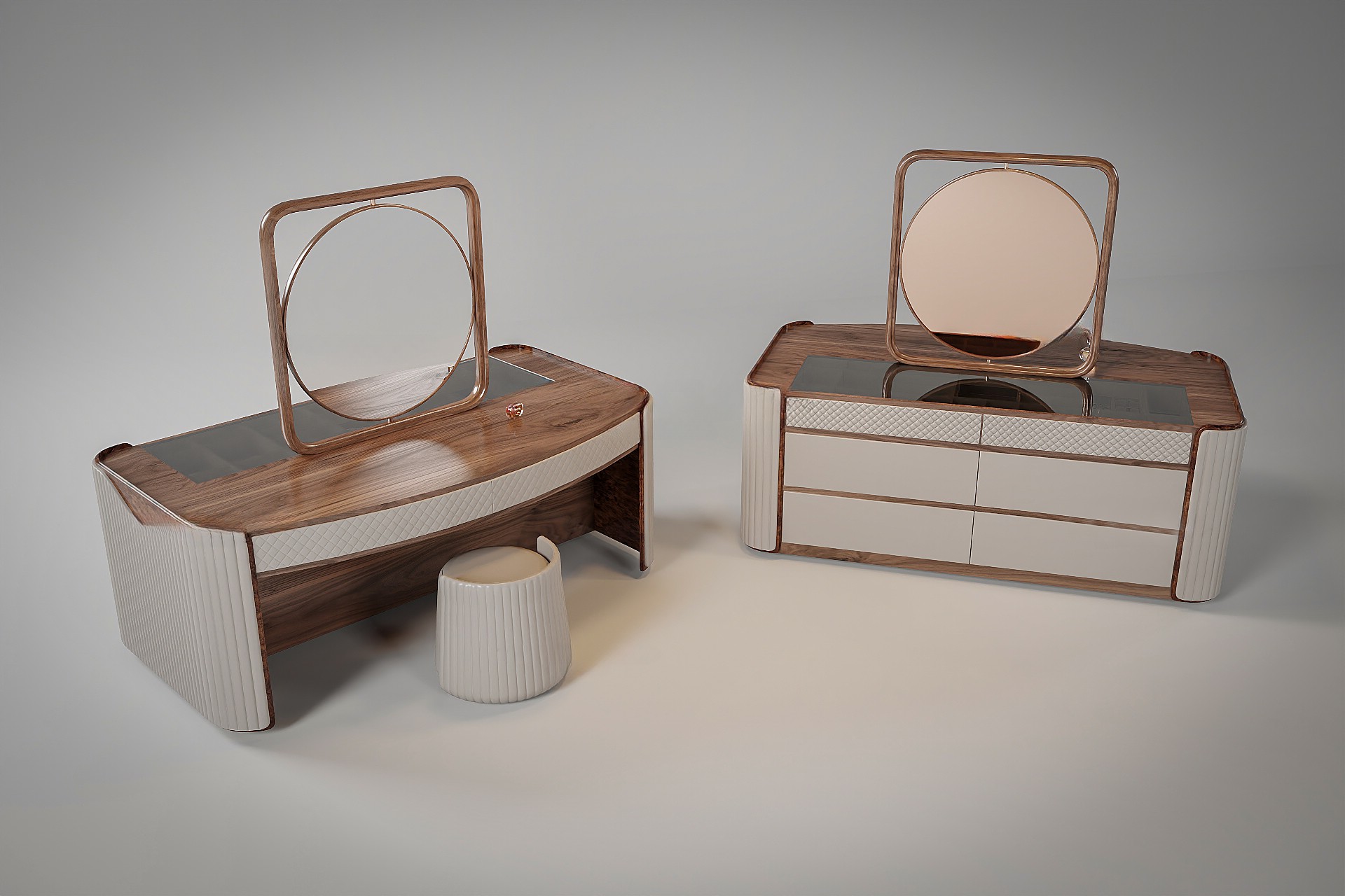 Bộ bàn trang điểm gỗ óc chó đẹp với thiết kế hiện đại, đường nét tinh xảo và màu sắc trầm ấm tự nhiên.