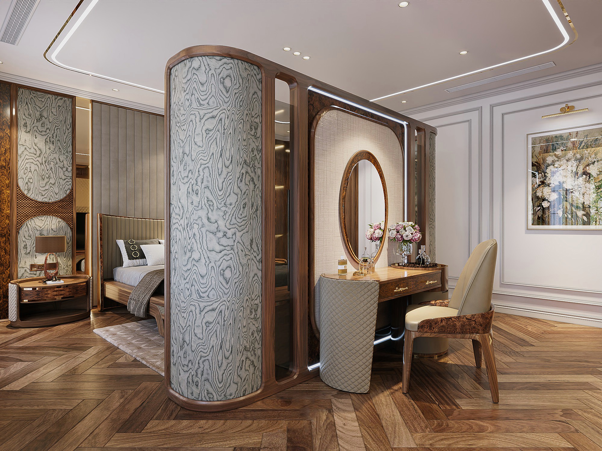 Bộ bàn trang điểm gỗ óc chó gồm bàn và ghế đồng bộ, thiết kế chắc chắn và sang trọng cho phòng ngủ hiện đại.