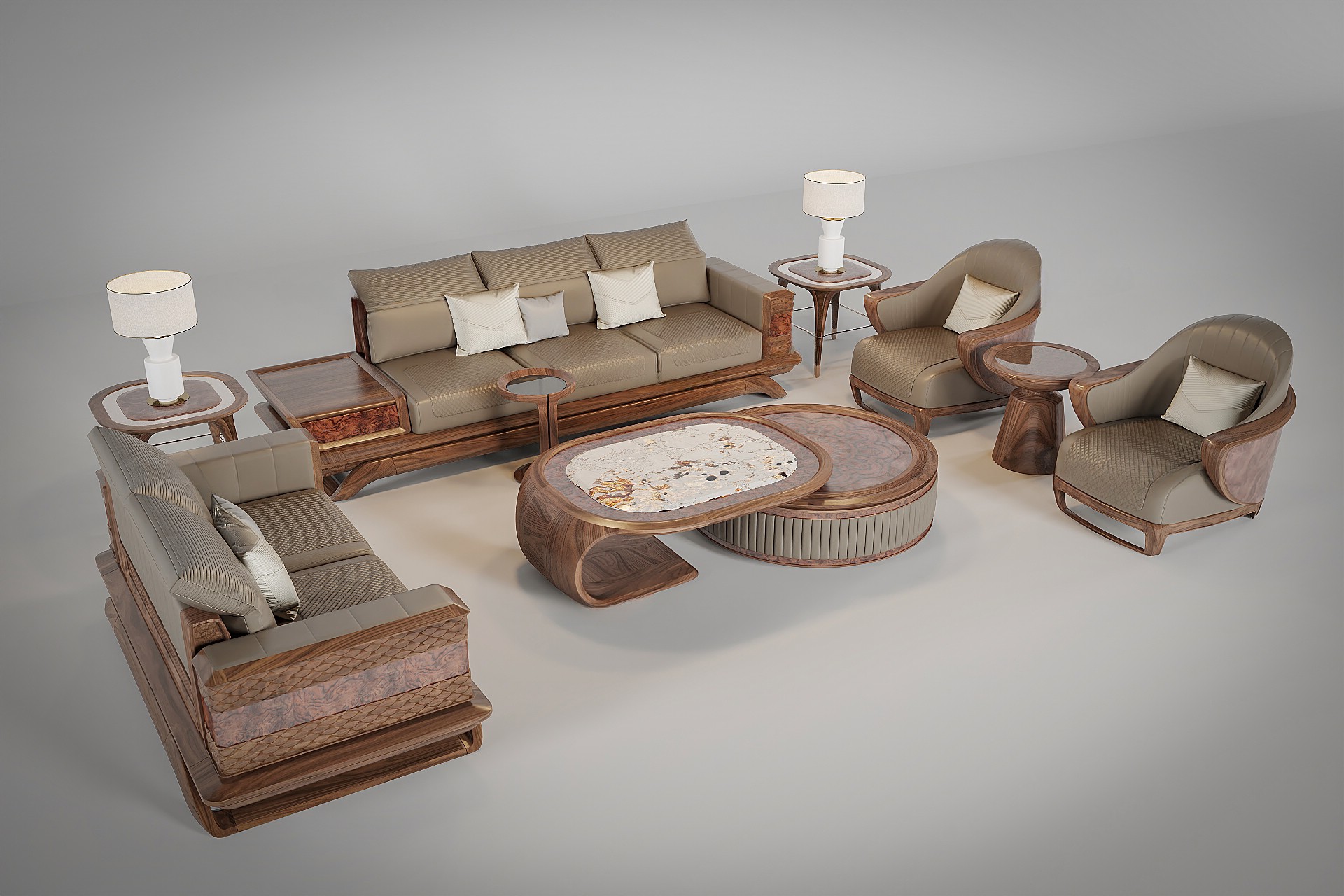 Bộ ghế sofa gỗ óc chó phòng khách với đệm bọc cao cấp và khung gỗ tự nhiên bền đẹp.