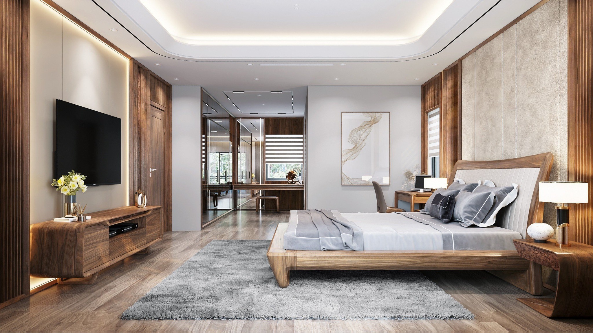 Bộ giường ngủ gỗ óc chó hiện đại thiết kế đồng bộ.