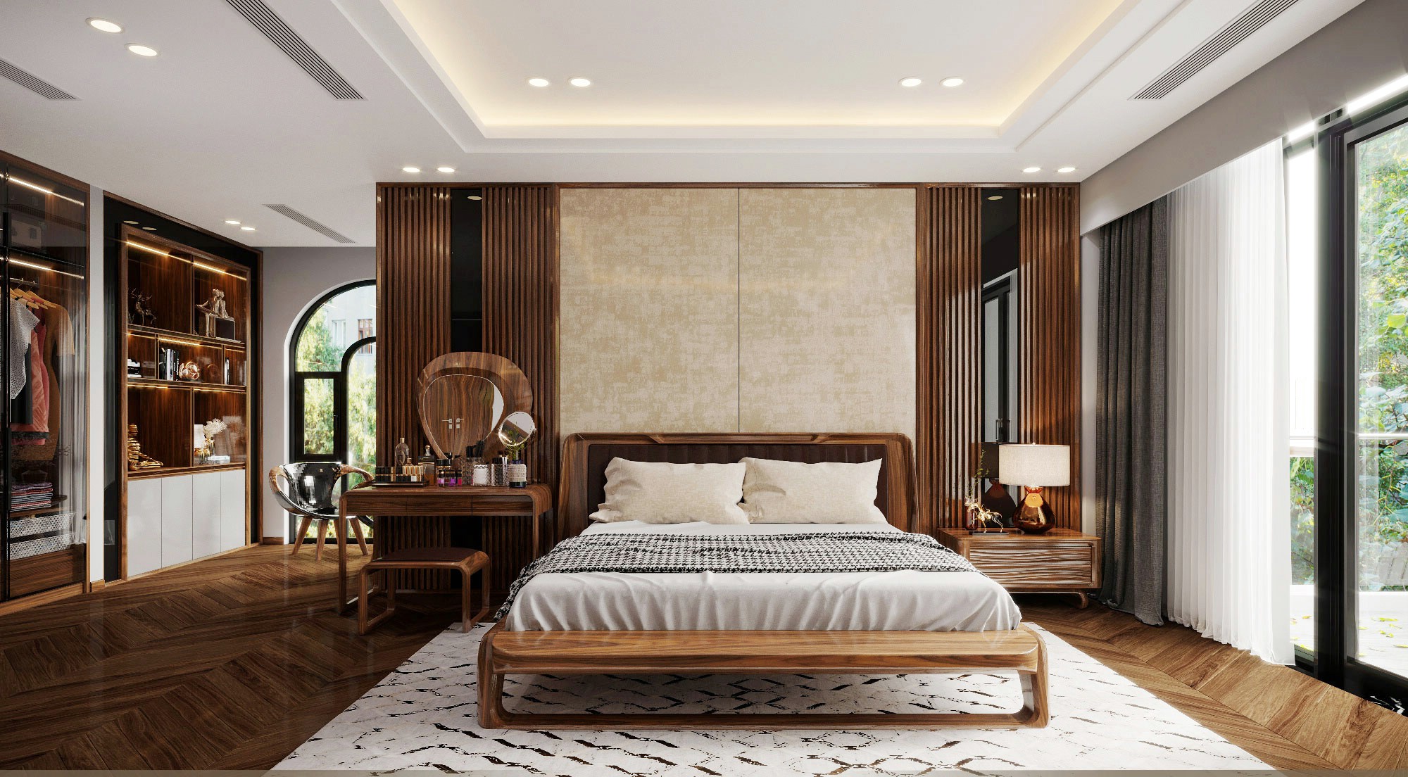 bộ phòng ngủ gỗ óc chó luxury hiện đại tủ kính và giường bọc da