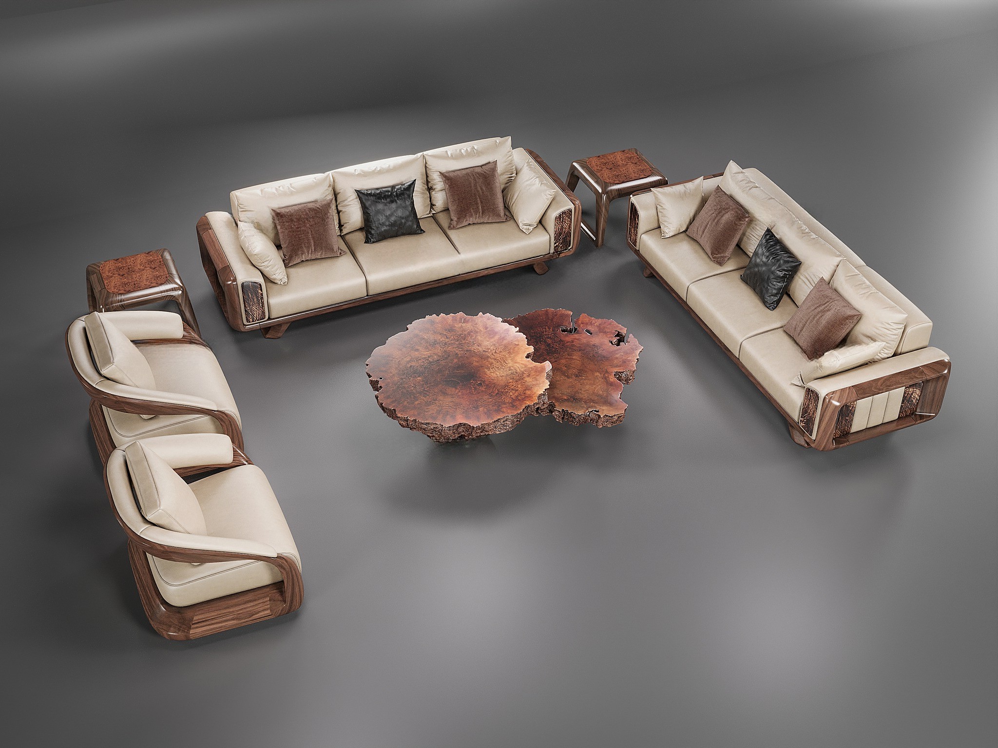 Bộ sofa gỗ óc chó đẹp với kiểu dáng hiện đại, vân gỗ tự nhiên nổi bật và kết cấu bền vững.