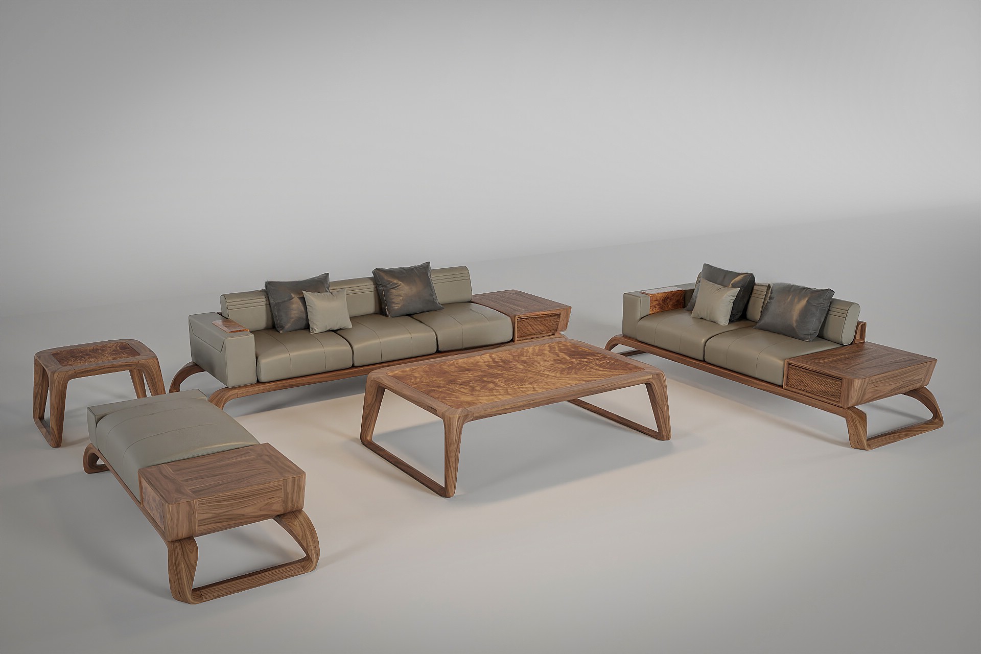 Bộ sofa gỗ óc chó hiện đại với thiết kế sang trọng, khung gỗ tự nhiên chắc chắn và đệm ngồi êm ái cao cấp.