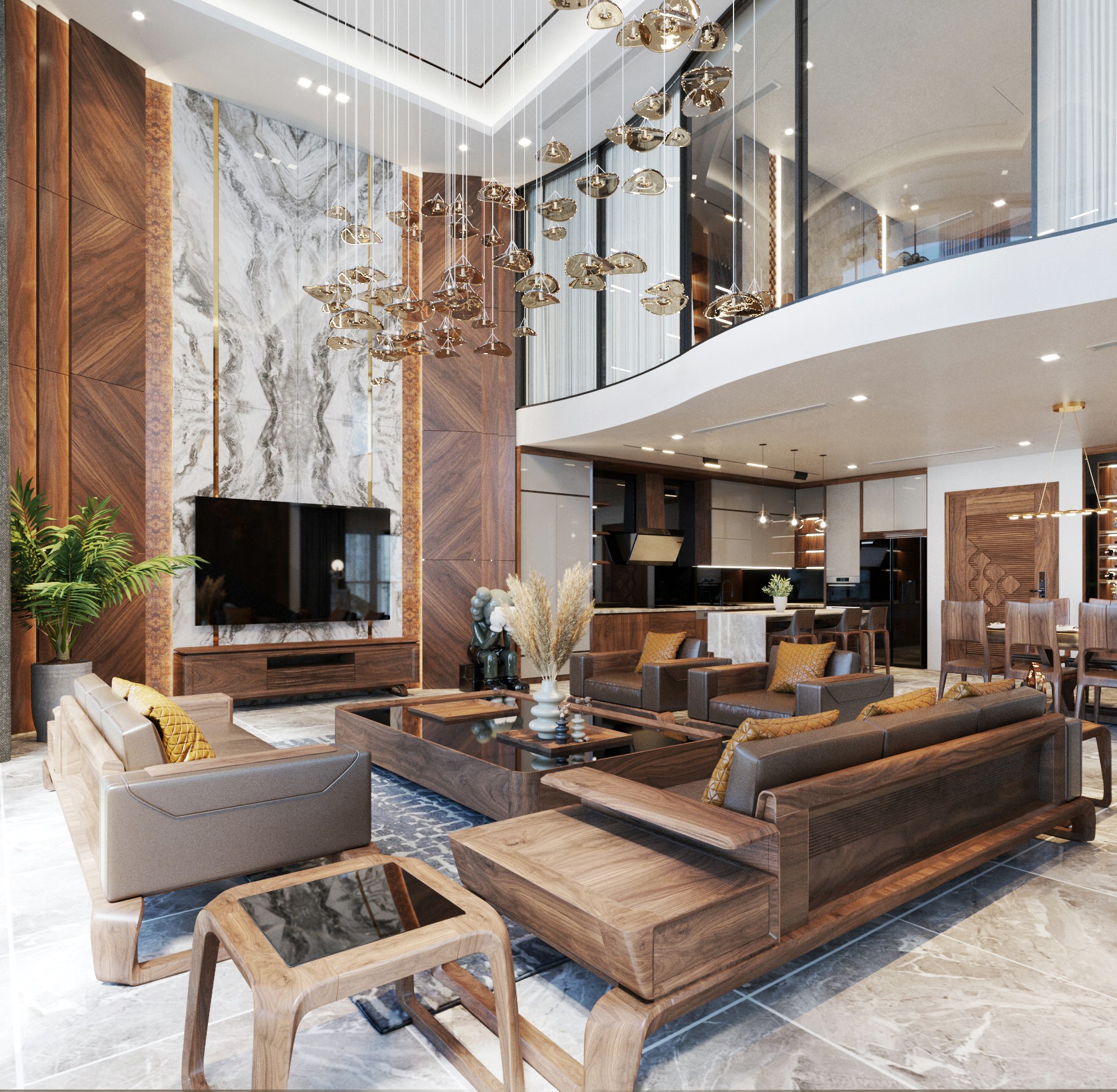 Bộ sofa gỗ óc chó phòng khách với thiết kế đồng bộ, khung gỗ tự nhiên chắc chắn và đệm bọc cao cấp sang trọng.