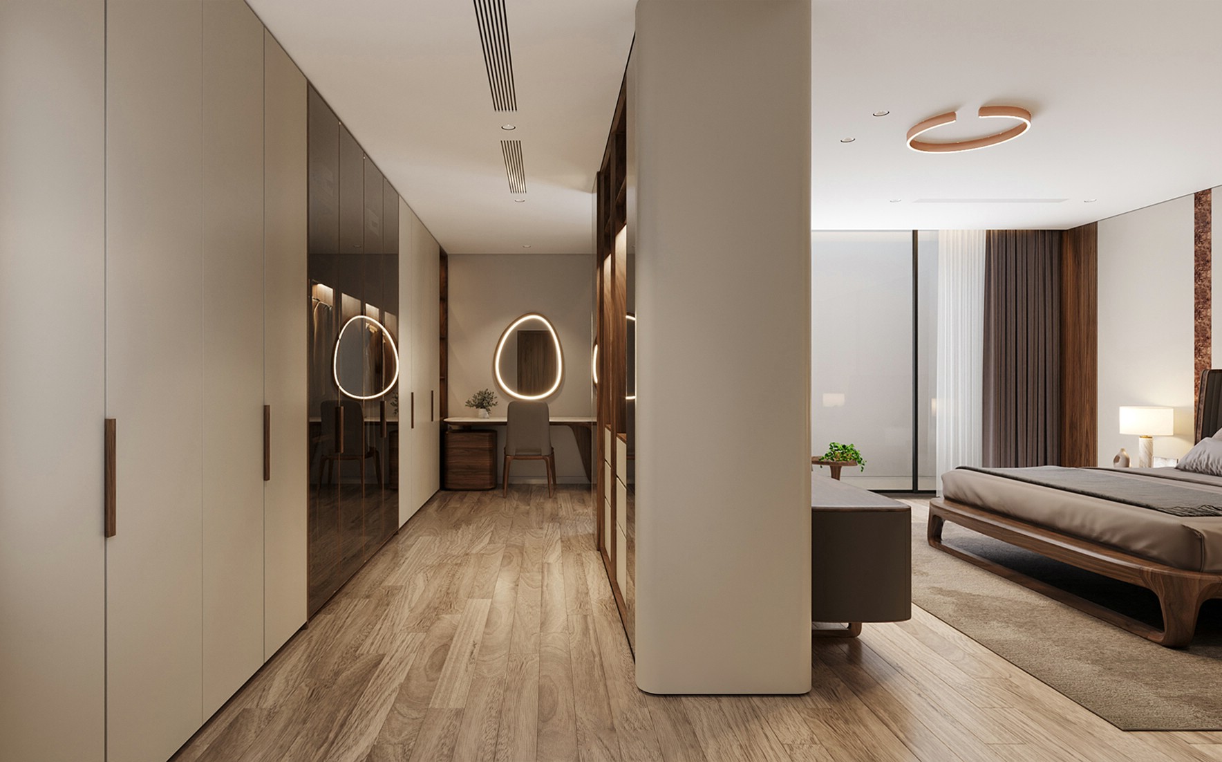 Bố trí tủ quần áo gỗ óc chó trong phòng ngủ khoa học và gọn gàng.