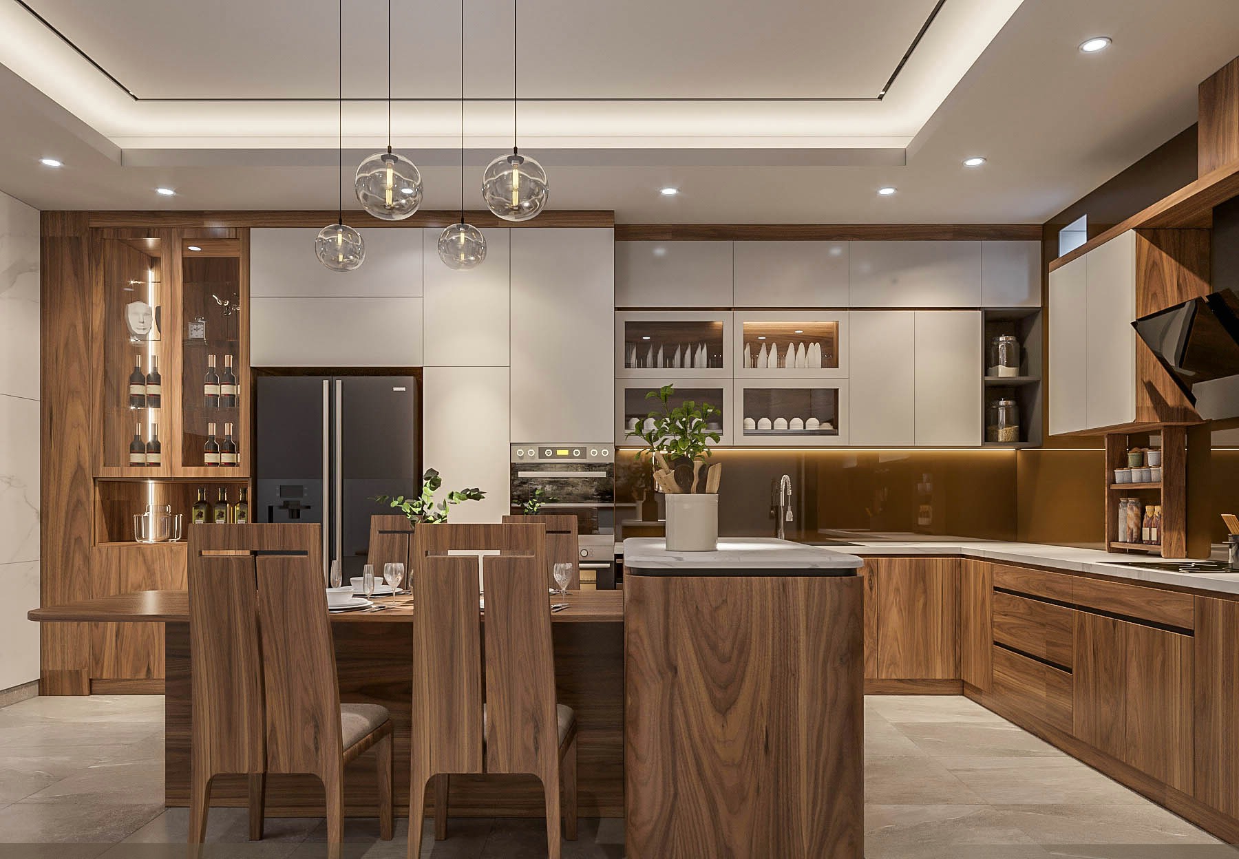 Bộ tủ bếp gỗ óc chó đẹp phong cách hiện đại