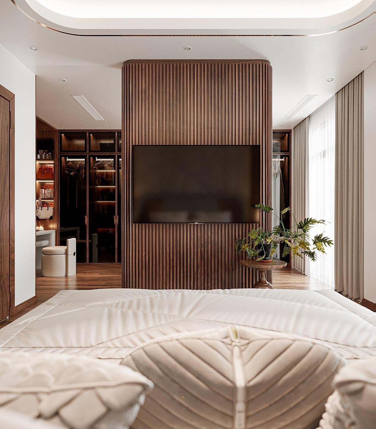 Bức vách ngăn phòng ngủ gỗ óc chó giúp phân chia không gian tinh tế.