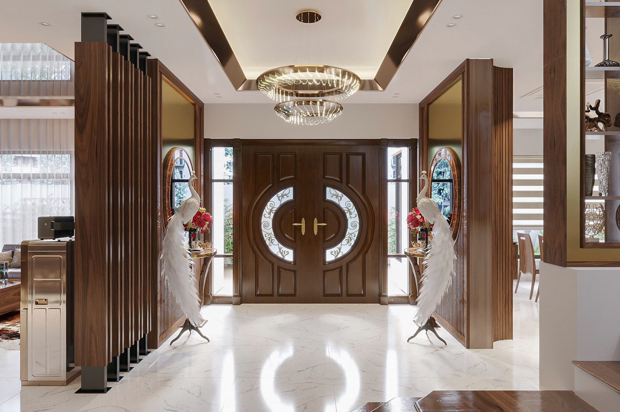 Các kiểu vách ngăn phòng khách gỗ óc chó đẹp với thiết kế hoa văn tinh tế, phân chia không gian hợp lý.