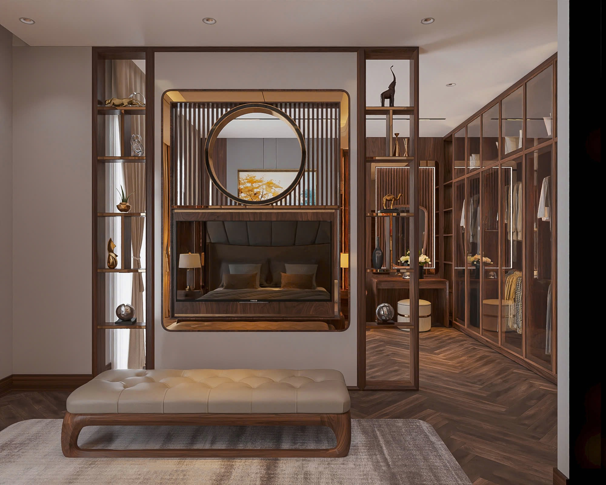 Các kiểu vách ngăn phòng ngủ gỗ óc chó đa dạng mẫu mã.