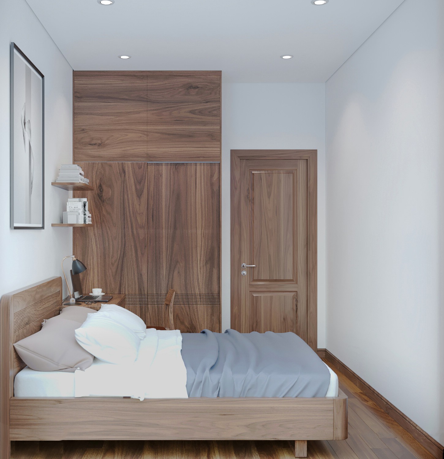 Decor phòng ngủ gỗ óc chó nhỏ bố trí tối giản và ấm cúng.