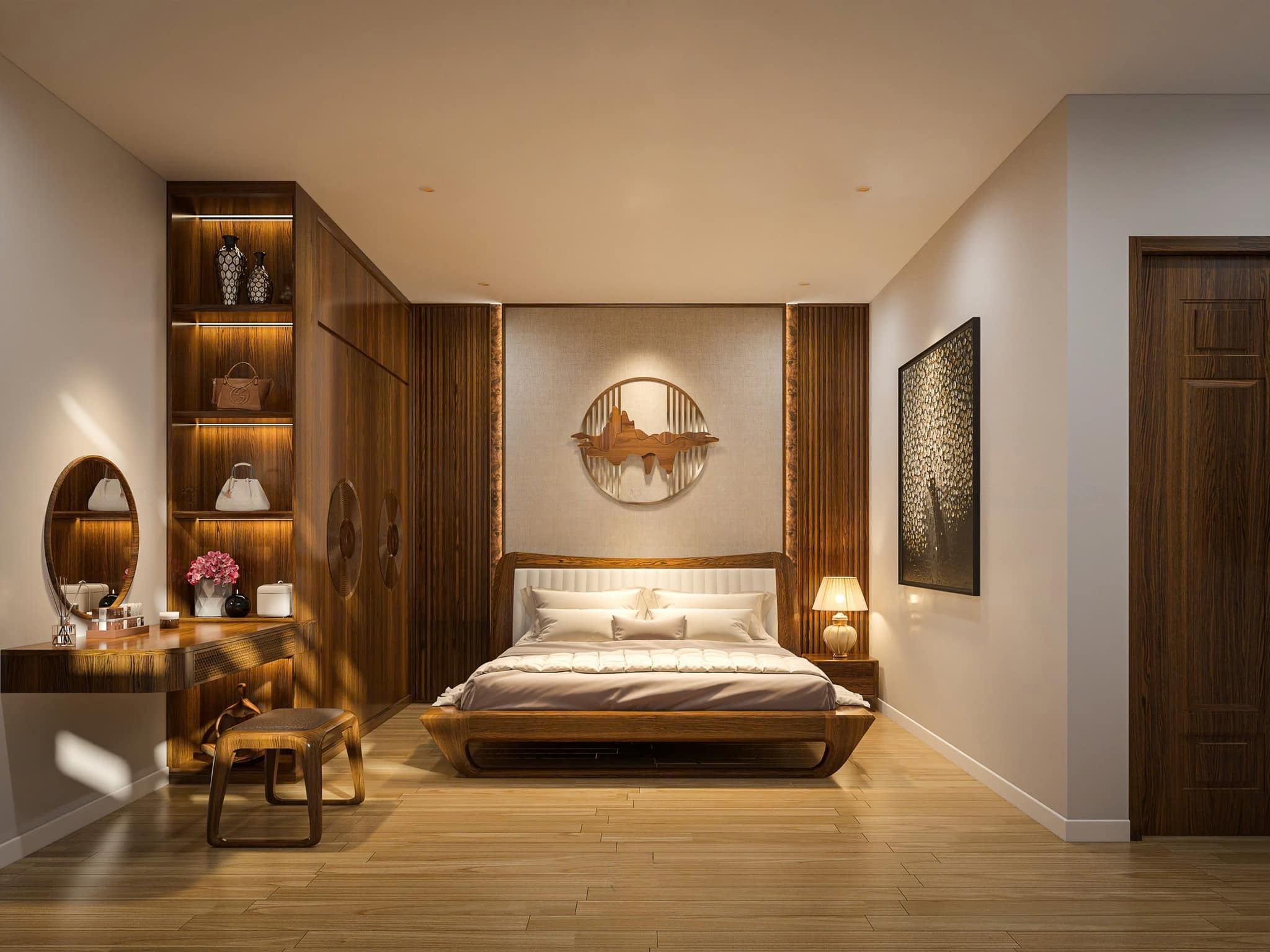 Decor phòng ngủ gỗ óc chó với ánh sáng và phụ kiện hài hòa.