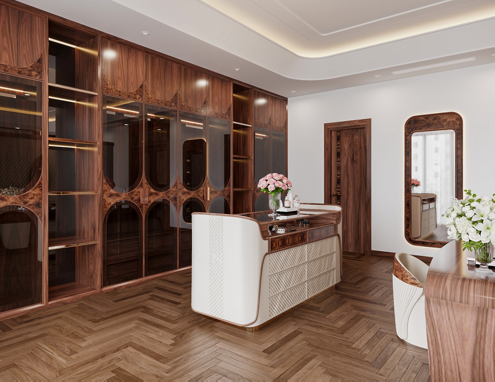 Decor phòng thay đồ gỗ óc chó với hệ tủ quần áo kịch trần, kệ trưng bày phụ kiện và đèn led âm tủ tạo điểm nhấn tinh tế.