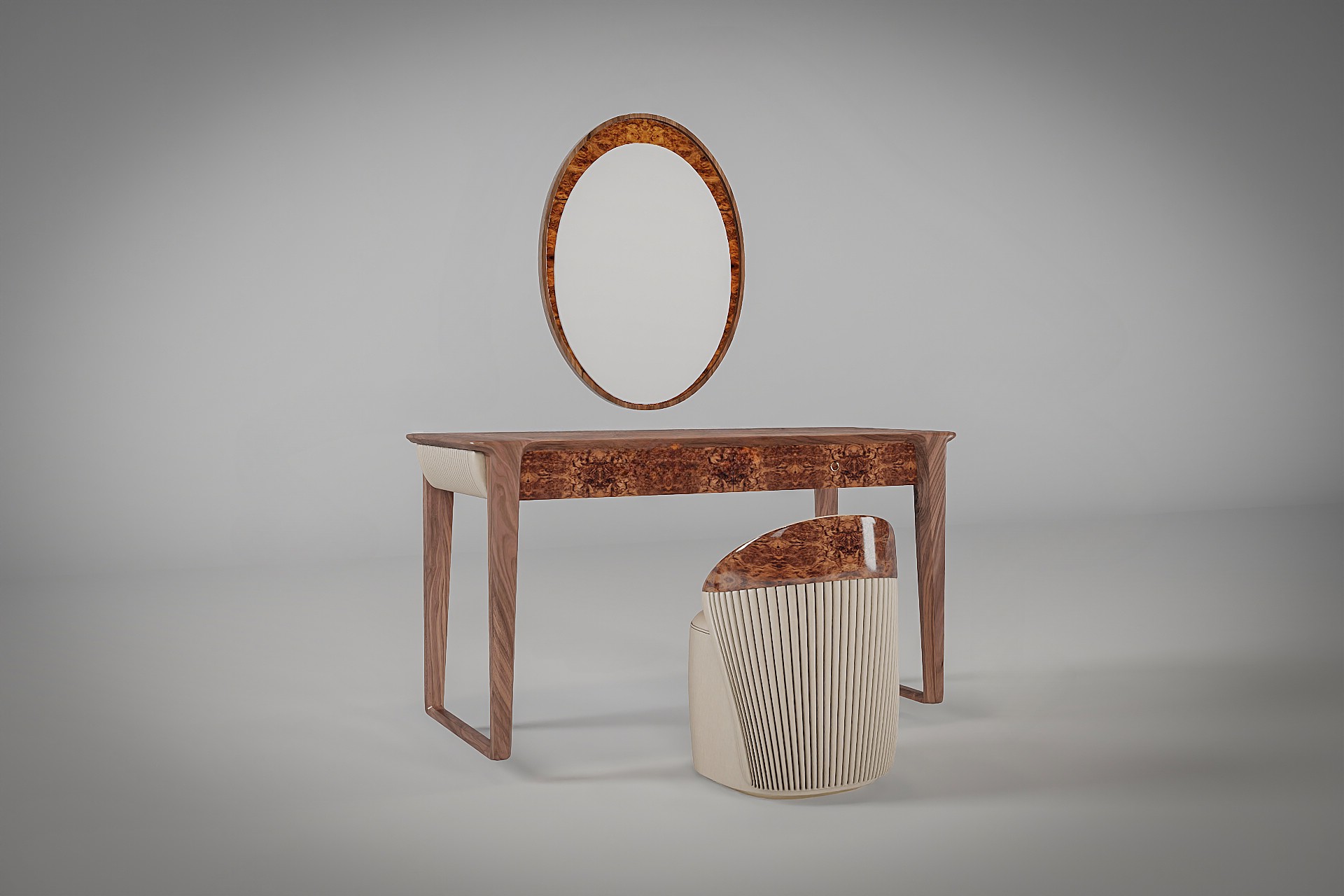 Ghế bàn trang điểm gỗ óc chó thiết kế chắc chắn, kiểu dáng nhỏ gọn và đồng bộ với bàn trang điểm hiện đại.