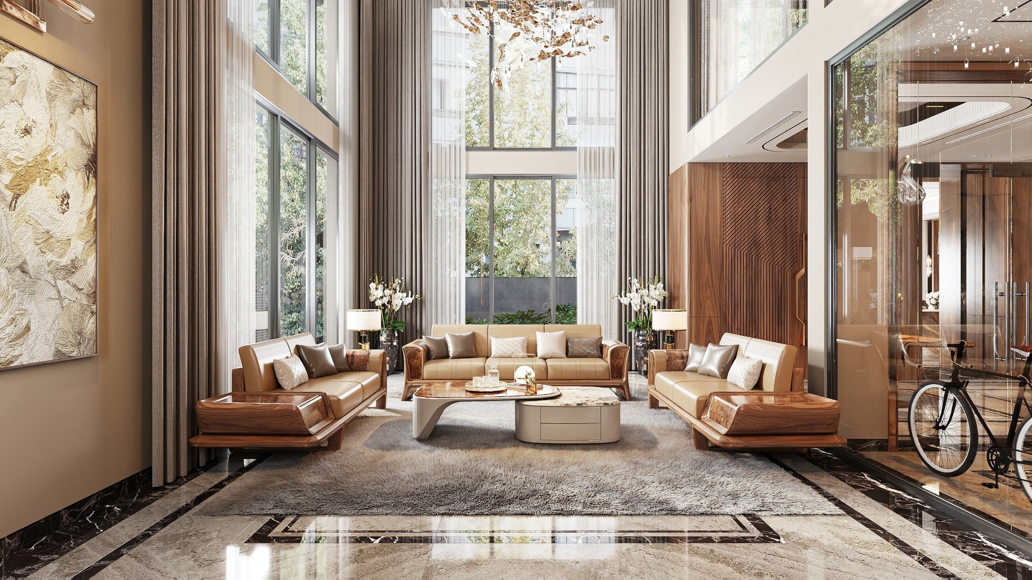 bộ sofa gỗ óc chó cao cấp màu nâu vàng sáng thiết kế hiện đại