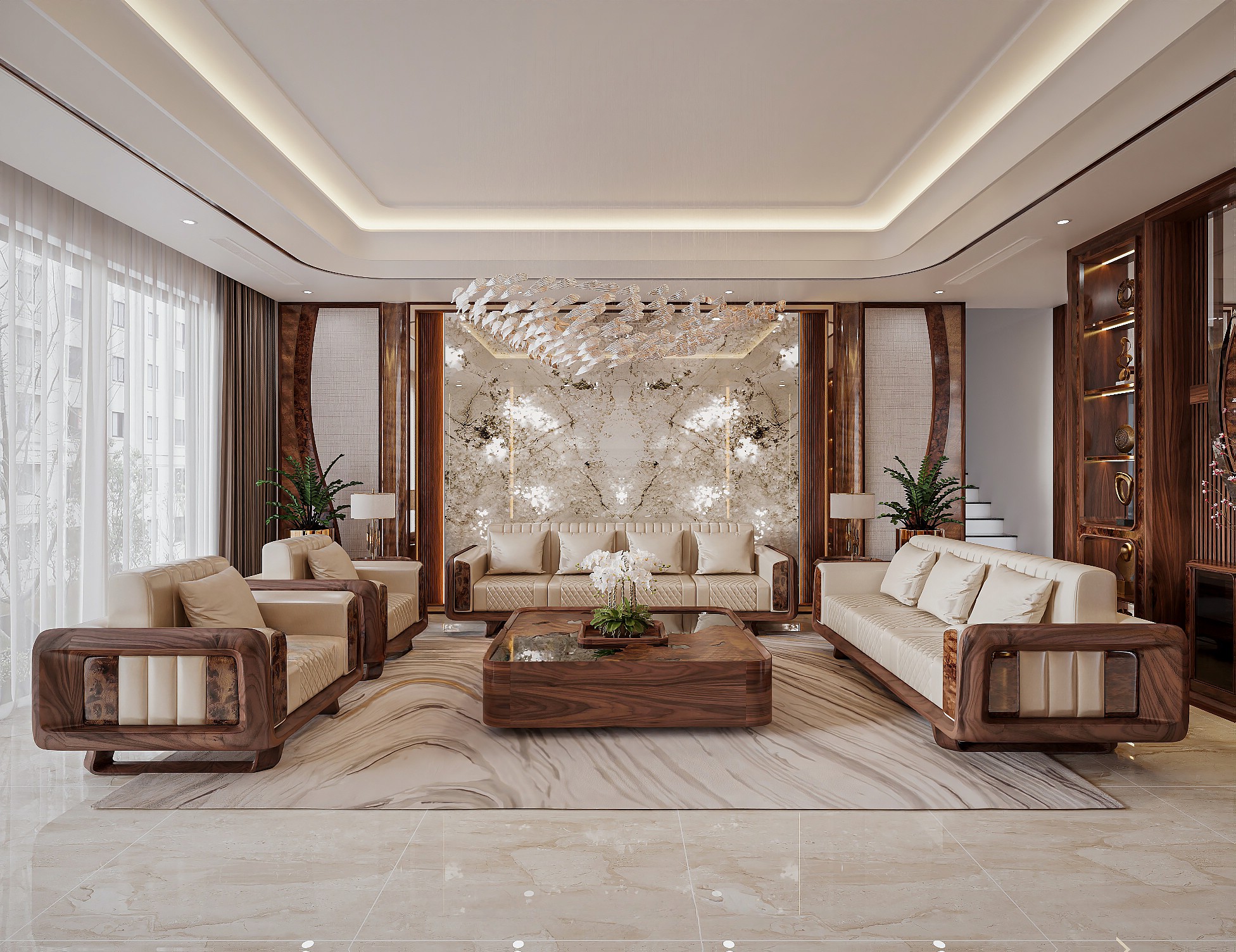 Ghế sofa gỗ óc chó đẹp sang trọng với kiểu dáng cao cấp, đệm ngồi êm ái và khung gỗ chắc chắn bền bỉ.