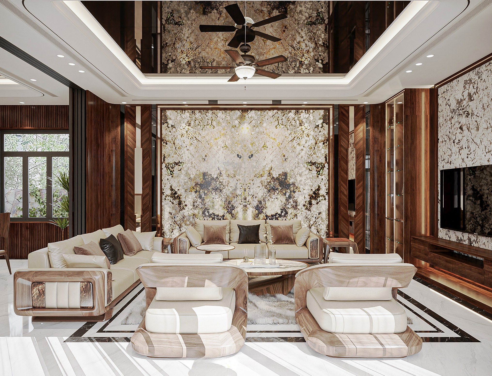 Ghế sofa gỗ óc chó phòng khách với màu nâu trầm tự nhiên, vân gỗ nổi bật và kết cấu bền chắc.