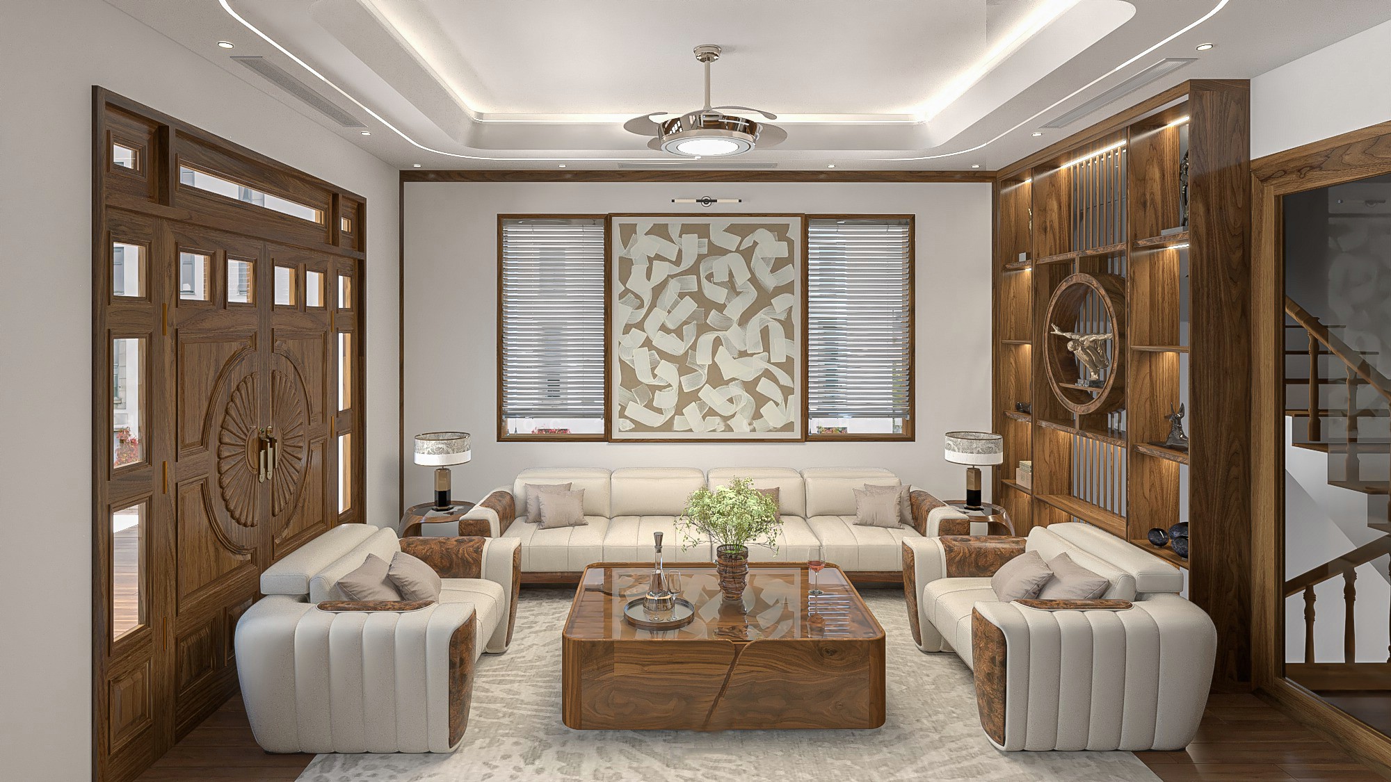 ghế sofa óc chó 4 chỗ da trắng tay vịn veneer