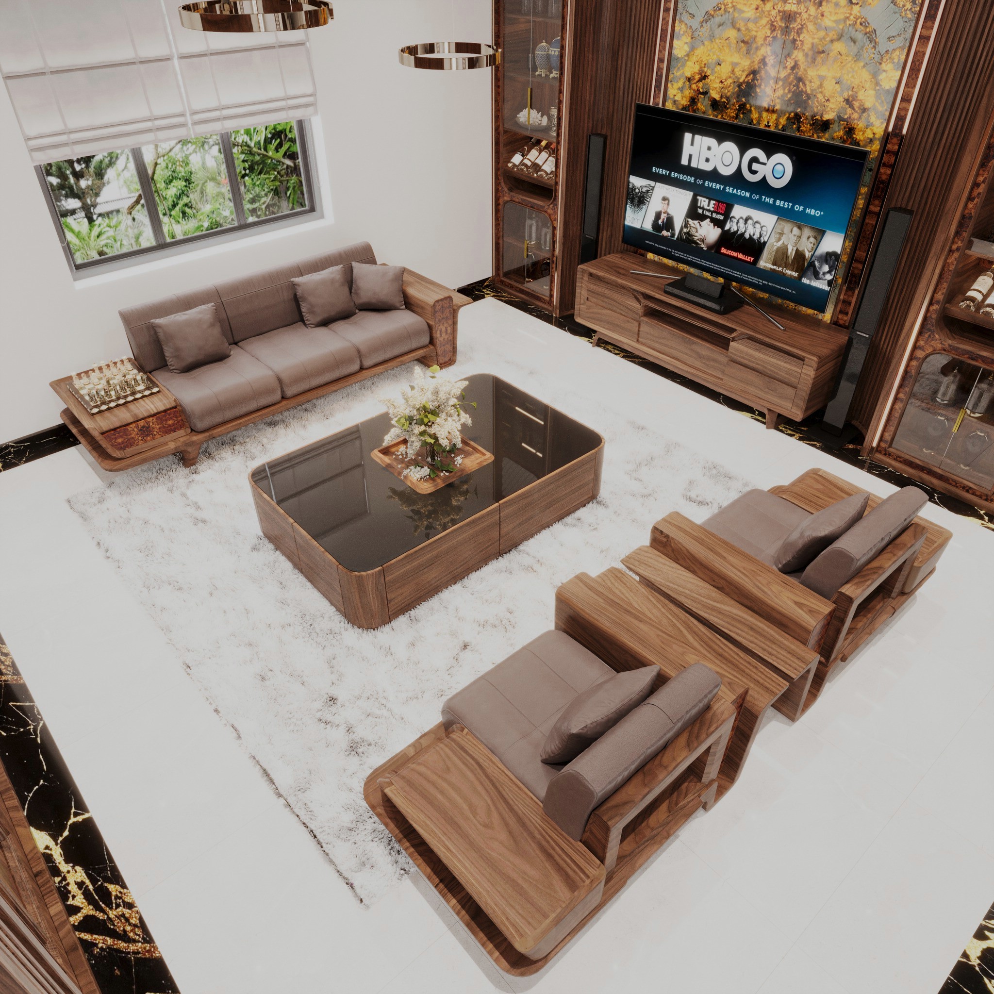 bộ sofa gỗ óc chó màu nâu hạt dẻ thiết kế hiện đại có bàn trà tích hợp