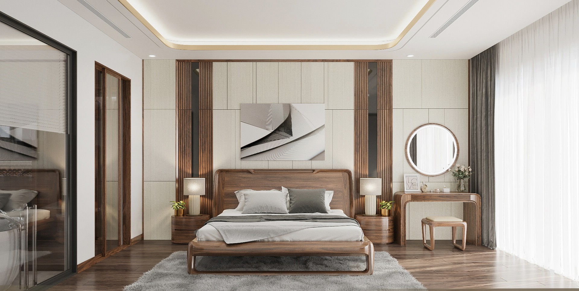 giường ngủ gỗ óc chó hiện đại chân chữ U cho phòng ngủ vợ chồng cao cấp