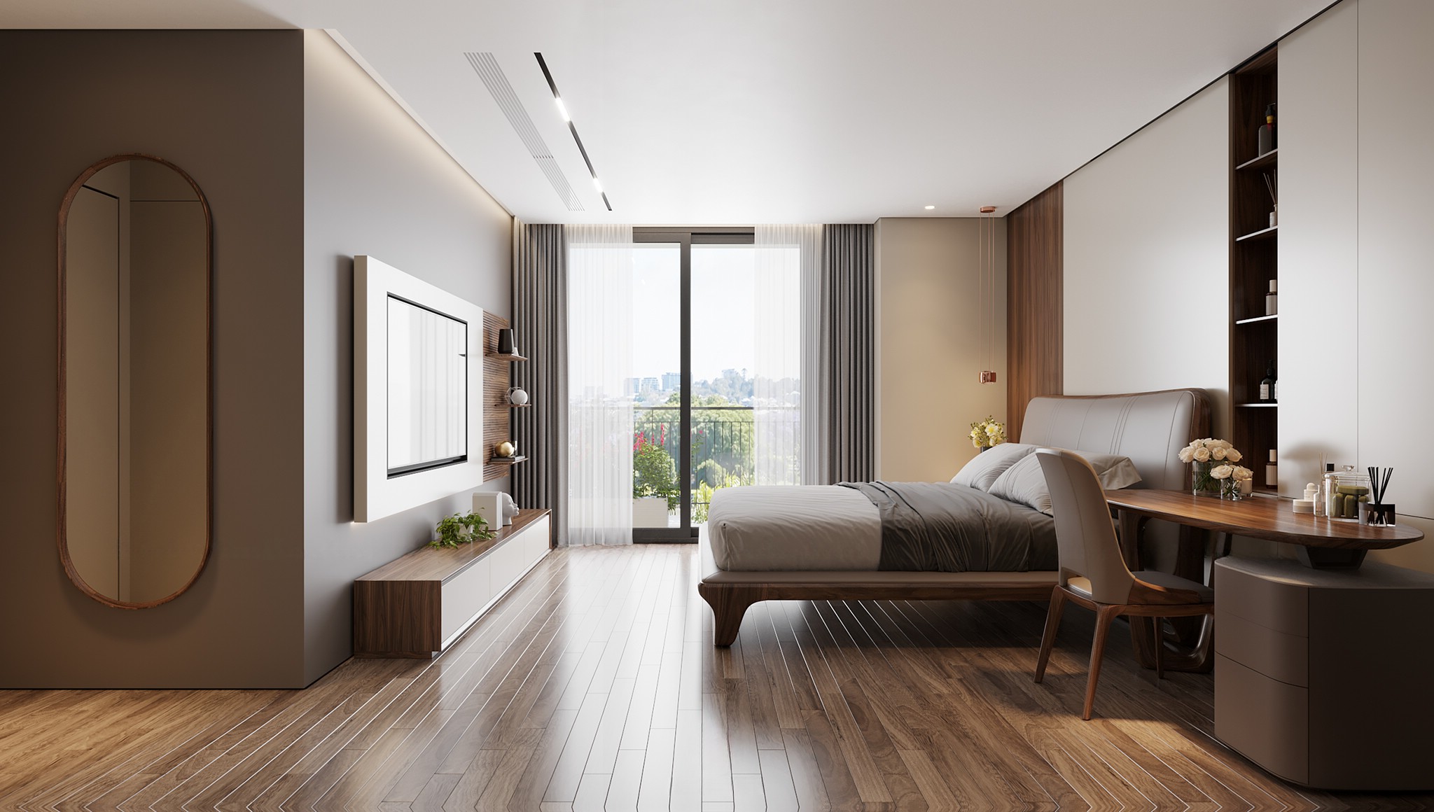 giường ngủ gỗ óc chó hiện đại bọc da microfiber màu xám